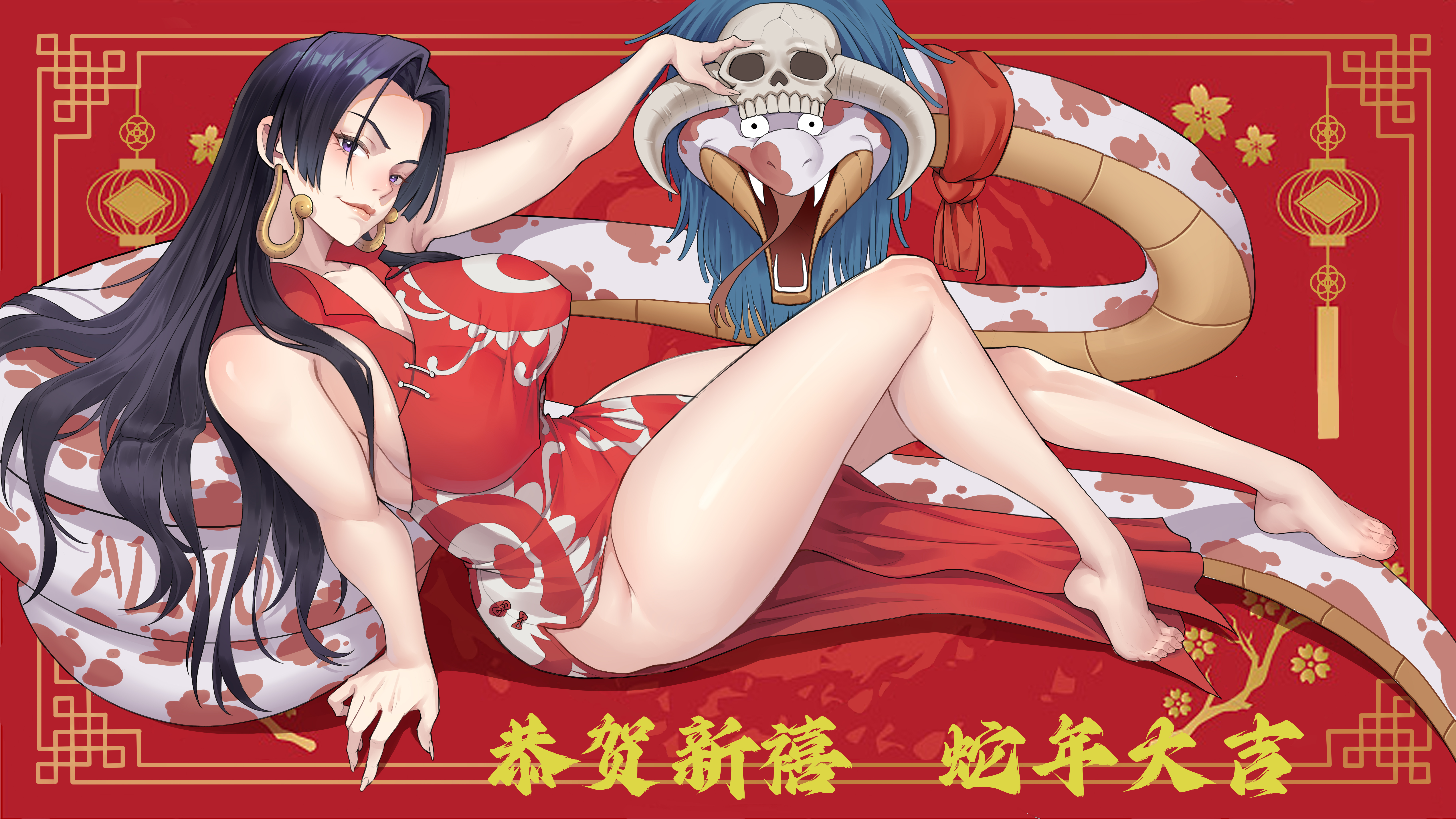 aluo 7762, boa hancock, salome (one piece), one piece, absurdres, highres, 1girl, artist name, black hair, breasts, china dress, chinese clothes, chinese knot border, dress, earrings, feet, jewelry, large breasts, legs, long hair, looking at viewer, no bra, no panties, pelvic curtain, print dress, purple eyes, reclining, red background, red dress, side slit, sleeveless, sleeveless dress, smile, smirk, snake, snake earrings, thighs