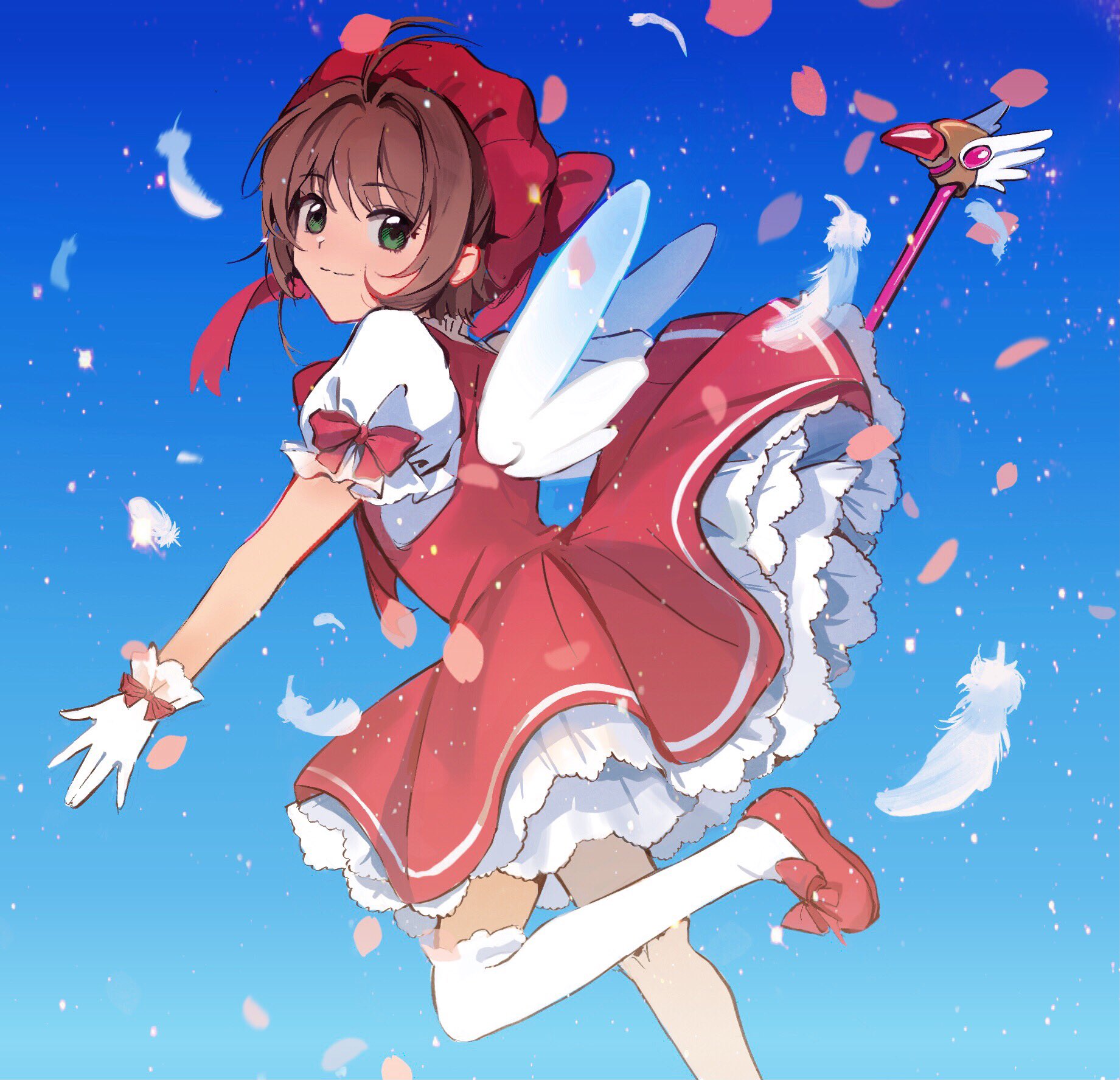shusuzu, kinomoto sakura, kinomoto sakura (magician), cardcaptor sakura, commentary request, highres, 1girl, brown hair, dress, feathers, frilled dress, frills, gloves, gradient background, green eyes, hair intakes, hat, holding, holding wand, magical girl, petals, pink petals, profile, puffy short sleeves, puffy sleeves, red dress, red hat, red shoes, shoes, short hair, short sleeves, sidelocks, smile, standing, standing on one leg, thighhighs, wand, white gloves, white thighhighs, white wings, wings