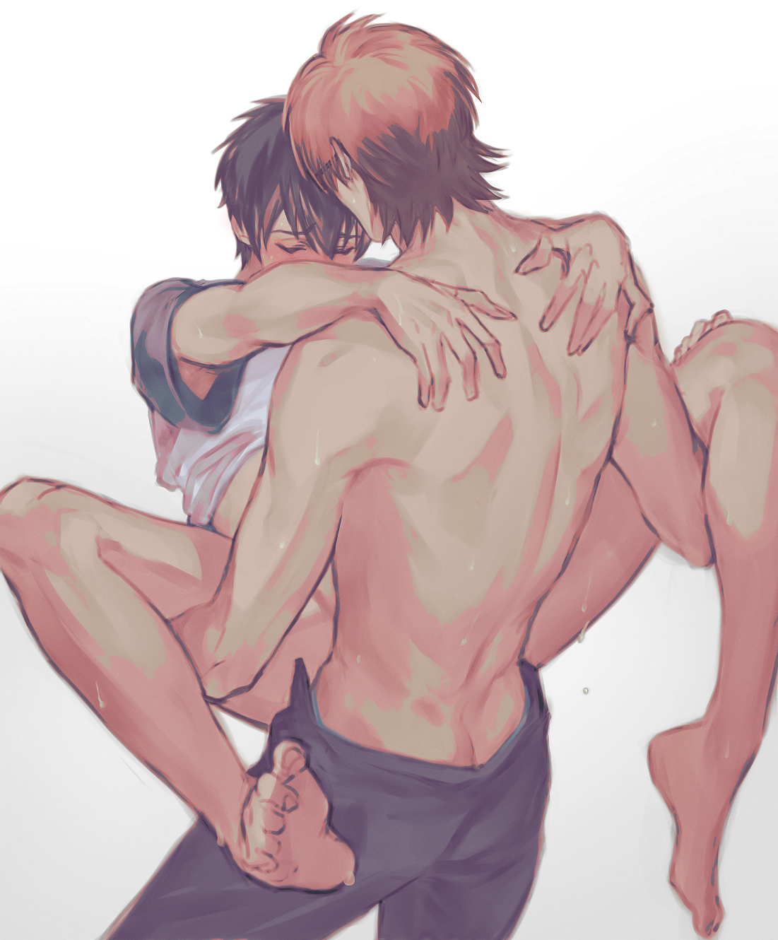 miyuki kazuya, sawamura eijun, ace of diamond, commentary request, highres, 2boys, anal, back, black pants, blush, bottomless, brown hair, butt crack, carrying, carrying person, closed eyes, fuko tyo, hair between eyes, male focus, male penetrated, male underwear, male underwear peek, multiple boys, pants, sex, short hair, simple background, standing, sweat, topless male, underwear, white background, yaoi