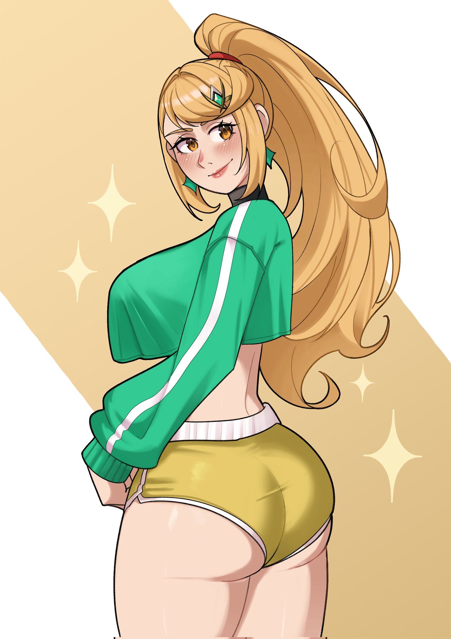 deliciousbrain, mythra (xenoblade), xenoblade chronicles (series), xenoblade chronicles 2, highres, 1girl, ass, blonde hair, breasts, crop top, dolphin shorts, earrings, from side, huge ass, jewelry, large breasts, lips, long hair, looking at viewer, midriff, ponytail, shorts, smile, solo, swept bangs, very long hair, yellow eyes