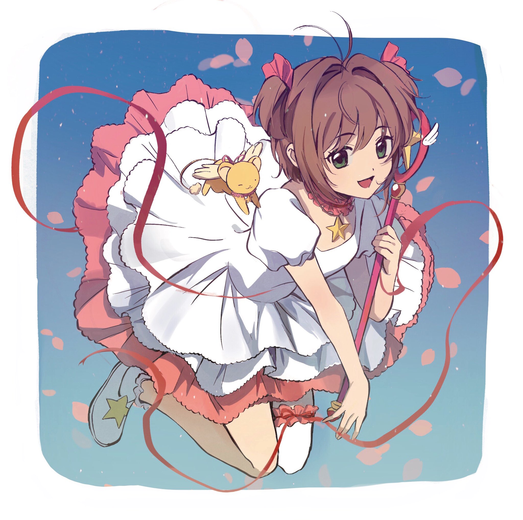 shusuzu, kero (cardcaptor sakura), kinomoto sakura, kinomoto sakura (astral sakura), cardcaptor sakura, commentary request, highres, 1girl, blue background, border, brown hair, choker, dress, frilled choker, frilled dress, frills, full body, green eyes, hair intakes, holding, holding wand, looking at viewer, magical girl, one eye closed, pink petals, puffy short sleeves, puffy sleeves, red ribbon, ribbon, short hair, short sleeves, smile, star (symbol), star choker, twintails, wand, white border, white dress, wings