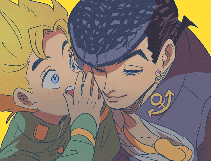tirauraja, higashikata josuke, hirose koichi, diamond wa kudakenai, jojo no kimyou na bouken, 2boys, anchor symbol, arm up, black hair, black jacket, blonde hair, blue eyes, closed mouth, collared jacket, eyelashes, gakuran, green jacket, jacket, long sleeves, looking at another, male focus, multiple boys, one eye closed, open mouth, pompadour, school uniform, shirt, short sideburns, smile, spiked hair, teeth, upper body, upper teeth only, whispering, white shirt, yellow background