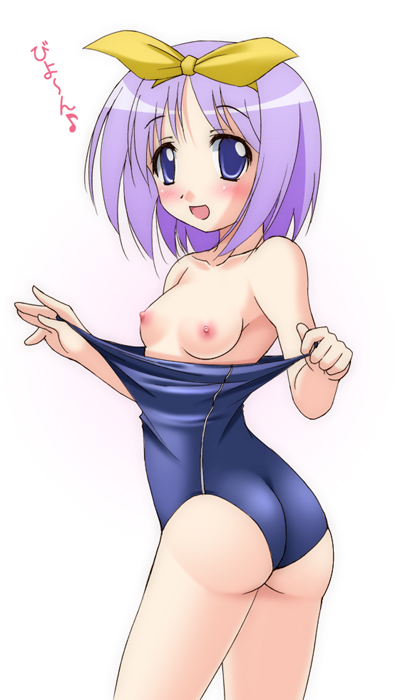 narutaki shin, hiiragi tsukasa, lucky star, translation request, 00s, 1girl, ass, breasts, clothes pull, female focus, nipples, one-piece swimsuit, one-piece swimsuit pull, pulling own clothes, school swimsuit, solo, swimsuit, undressing