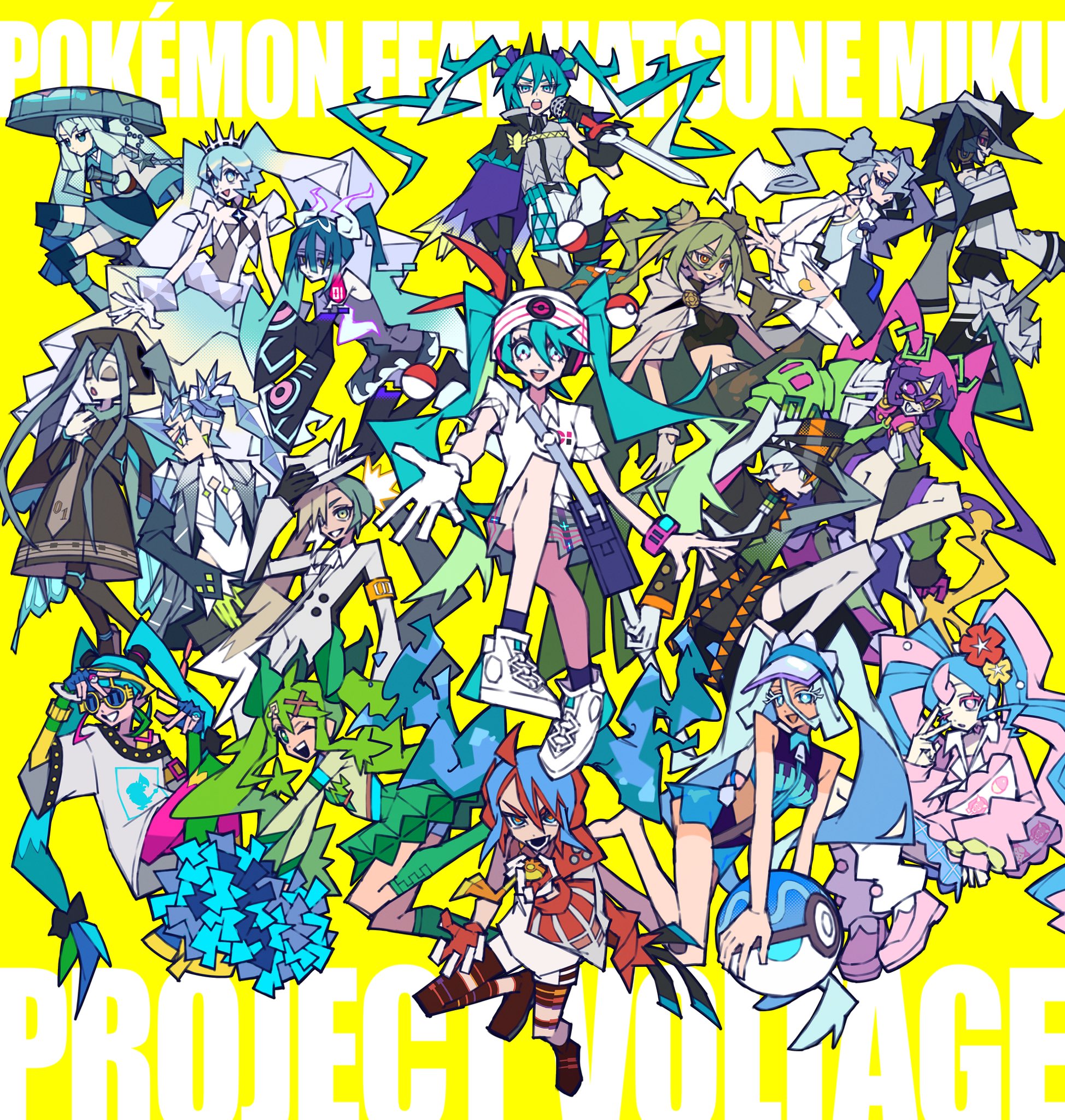 zito (zito222), bug miku (project voltage), dark miku (project voltage), dragon miku (project voltage), electric miku (project voltage), fairy miku (project voltage), fighting miku (project voltage), flying miku (project voltage), ghost miku (project voltage), grass miku (project voltage), ground miku (project voltage), hatsune miku, normal miku (project voltage), poison miku (project voltage), psychic miku (project voltage), rock miku (project voltage), steel miku (project voltage), water miku (project voltage), pokemon, project voltage, vocaloid, multiple girls, twintails