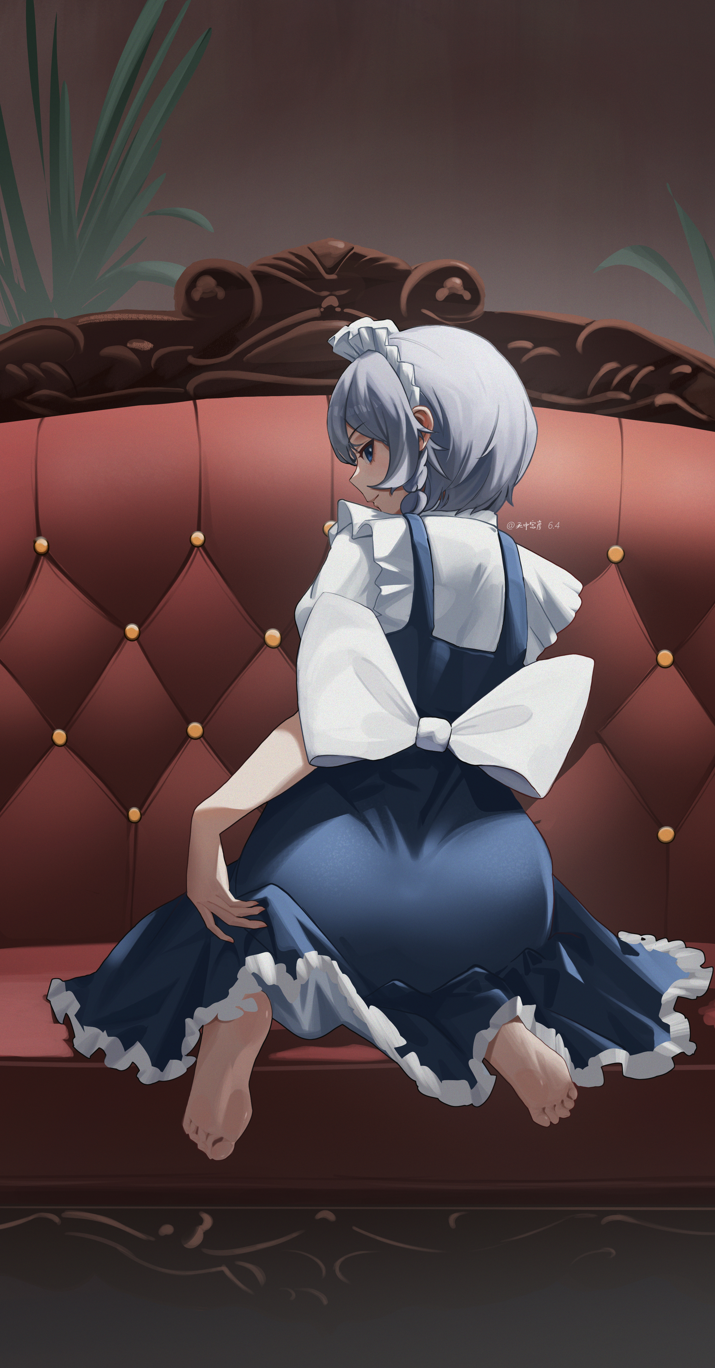 izayoi sakuya, touhou, absurdres, commentary, highres, 1girl, ass, back bow, barefoot, blue eyes, bow, braid, closed mouth, couch, grey hair, long hair, looking at viewer, looking back, maid, maid headdress, on couch, seiza, sitting, smile, soles, solo, tian zhong gong yan, toes, white bow