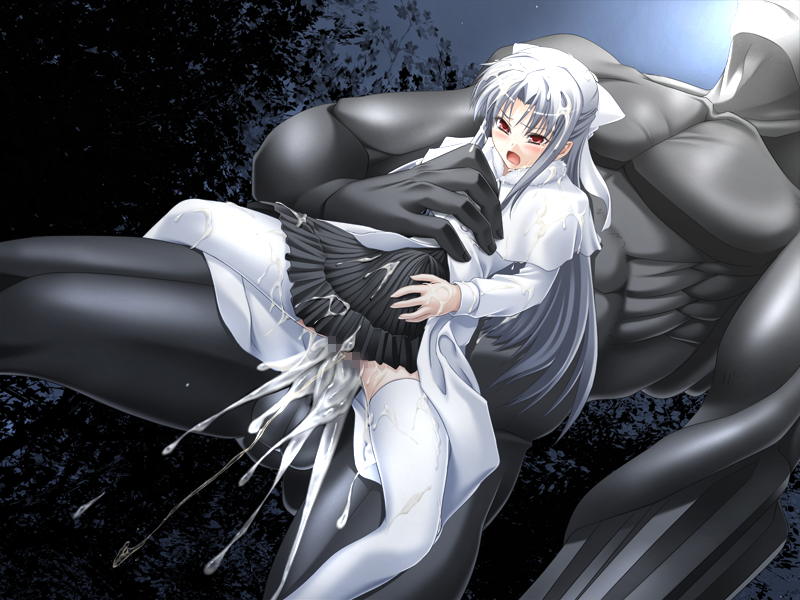 perceptron, white len (tsukihime), melty blood, tsukihime, silver hair, game cg, 1girl, censored, cum, held up, human onahole, large insertion, loli, long hair, monster, night, rape, red eyes, sex, stomach bulge, thighhighs, vaginal, white thighhighs