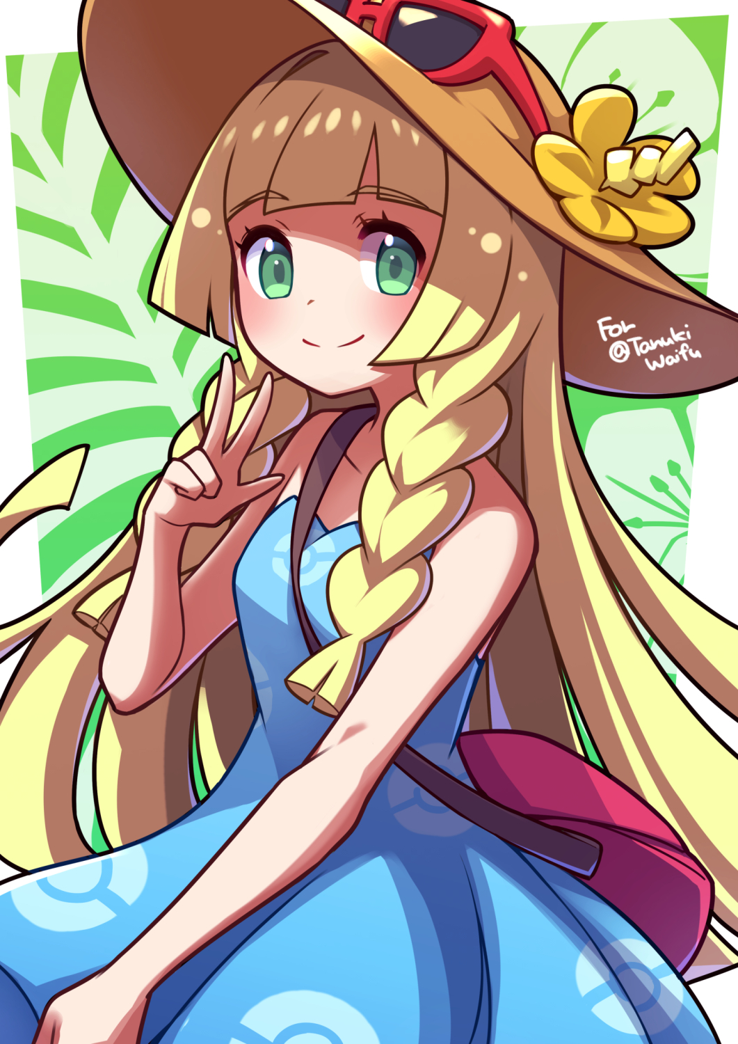 umenodo, lillie (pokemon), sightseer (pokemon), nintendo, pokemon, pokemon sm, commission, highres, 1girl, bare arms, blue dress, cosplay, dress, eyewear on headwear, flower, green eyes, hat, hat flower, looking at viewer, sightseer (pokemon) (cosplay), solo, sun hat, sunglasses
