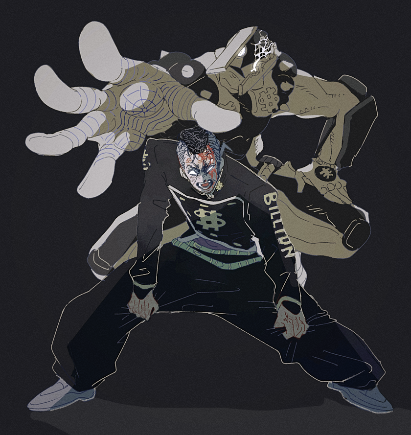 tirauraja, nijimura okuyasu, stand (jojo), the hand (stand), diamond wa kudakenai, jojo no kimyou na bouken, 1boy, 1other, black background, black hair, black pants, black shirt, blank eyes, blood, clenched hands, dollar sign, english text, facial mark, full body, glowing, glowing eyes, grey shoes, hand on own leg, head tilt, injury, long sleeves, male focus, open mouth, outstretched arm, pants, shirt, shoes, short hair, spot color, teeth, yen sign