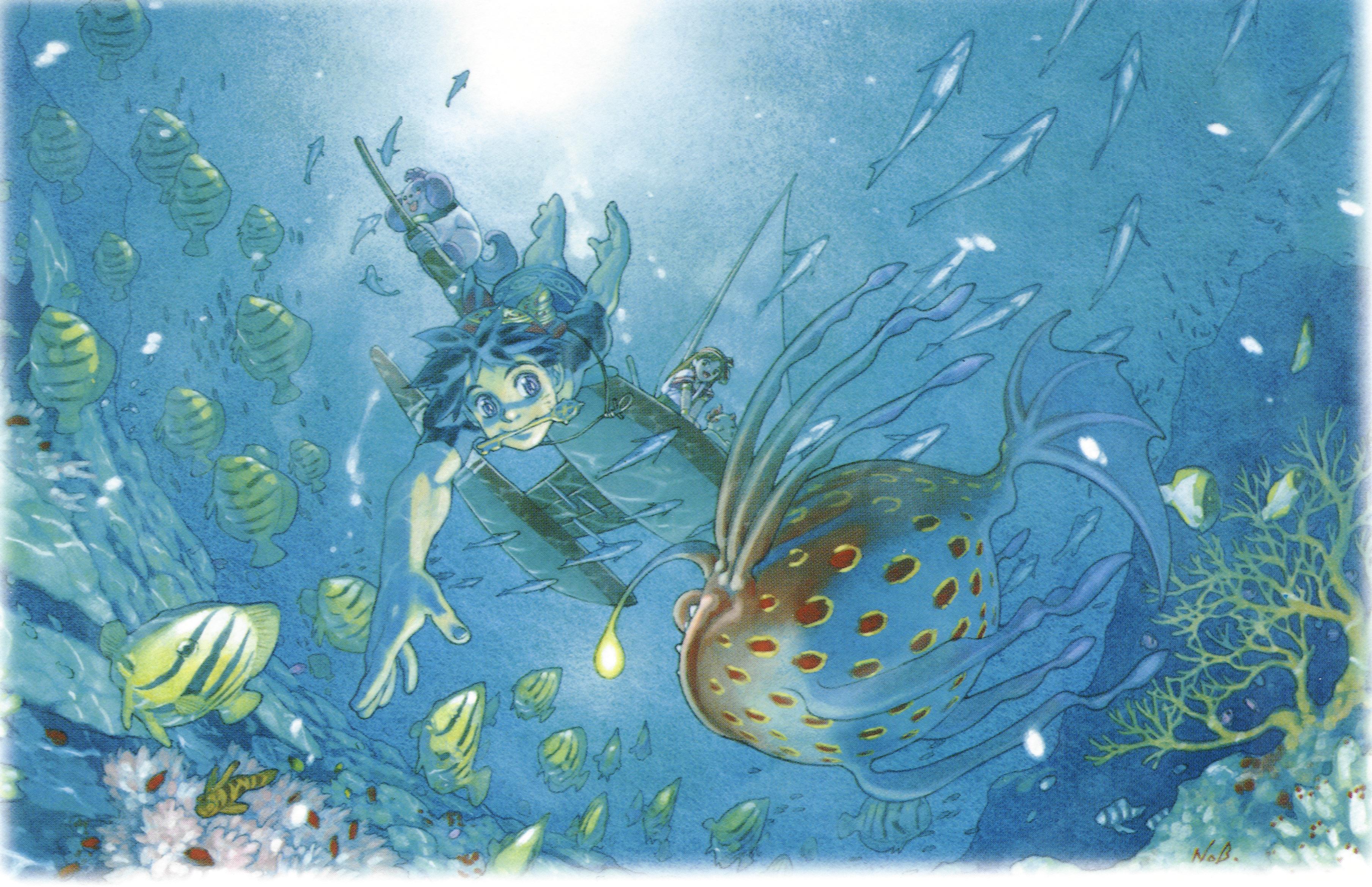 yuuki nobuteru, leena (chrono cross), poshul, serge (chrono cross), chrono (series), chrono cross, absurdres, highres, 1boy, 1girl, bandana, blue eyes, blue hair, bubble, coral, dog, fish, freediving, key, long hair, ocean, smile, sunlight, swimming, underwater, water