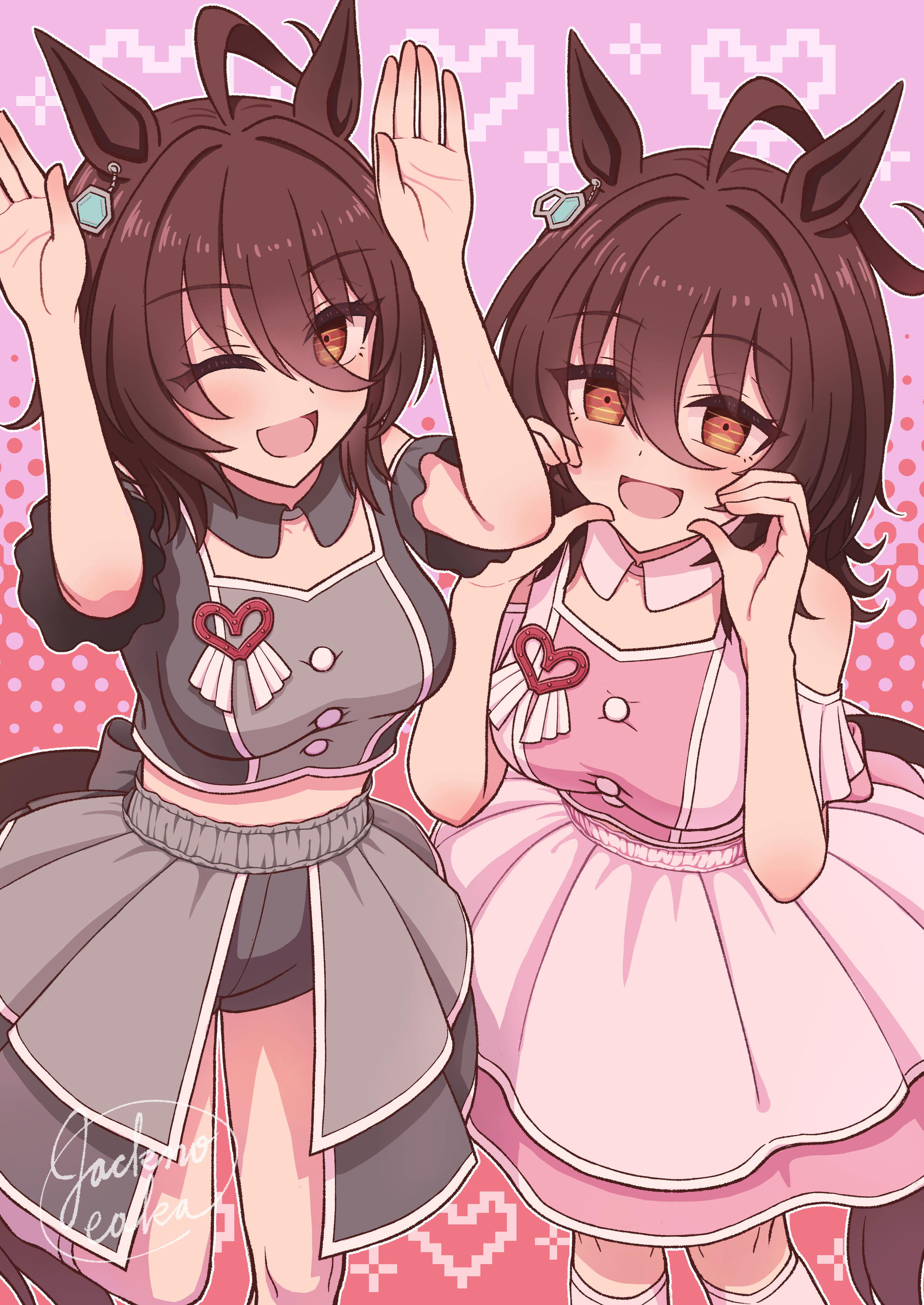 jack (jacknoeaka), agnes tachyon (umamusume), umamusume, absurdres, highres, 1girl, 2girls, ahoge, alternate costume, animal ears, brown hair, chemical structure, clone, dress, earrings, grey dress, hair between eyes, horse ears, horse girl, horse tail, jewelry, looking at viewer, medium hair, midriff peek, multiple girls, one eye closed, pink dress, rabbit pose, red eyes, single earring, tail, wolf cut