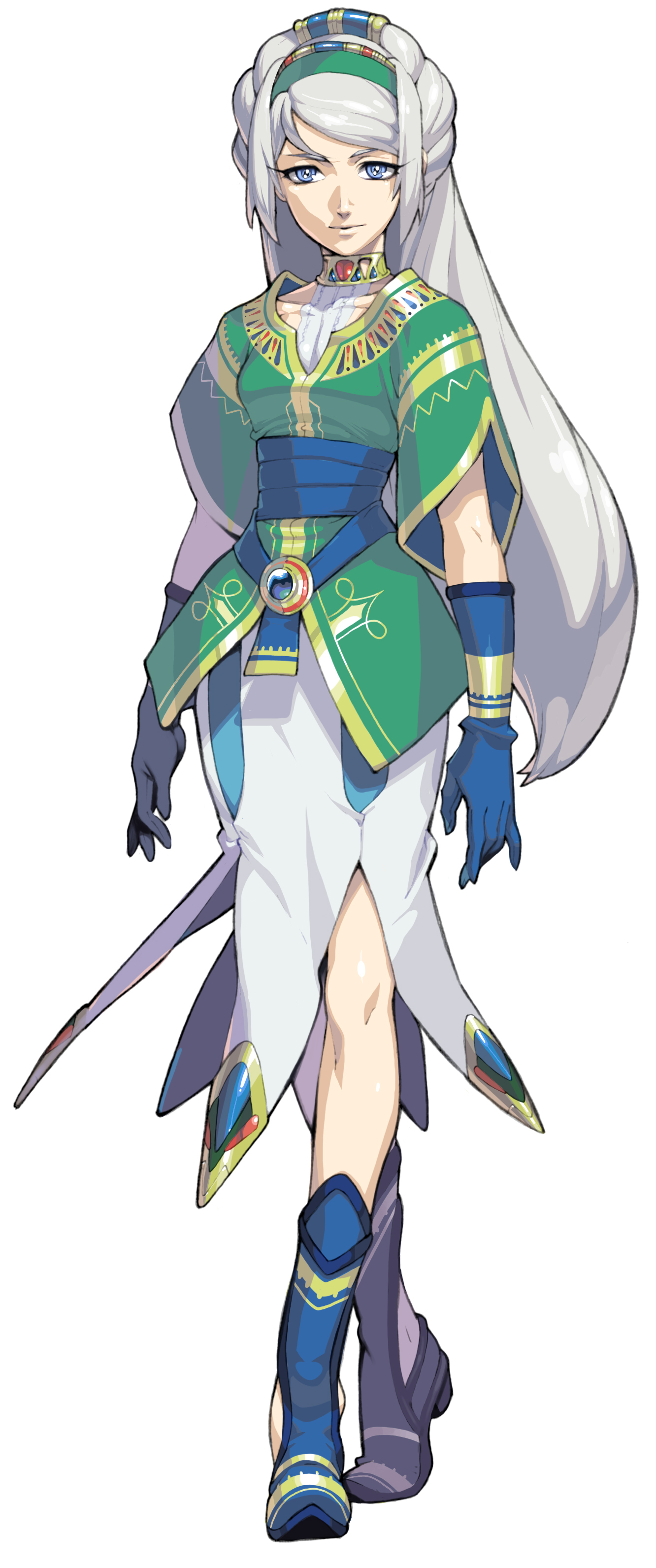 sasaki tomomi, avril vent fleur, wild arms, wild arms 5, absurdres, highres, official art, 1girl, blue boots, boots, crossed legs, elbow gloves, female focus, full body, gloves, hairband, knee boots, solo, standing, watson cross, white background