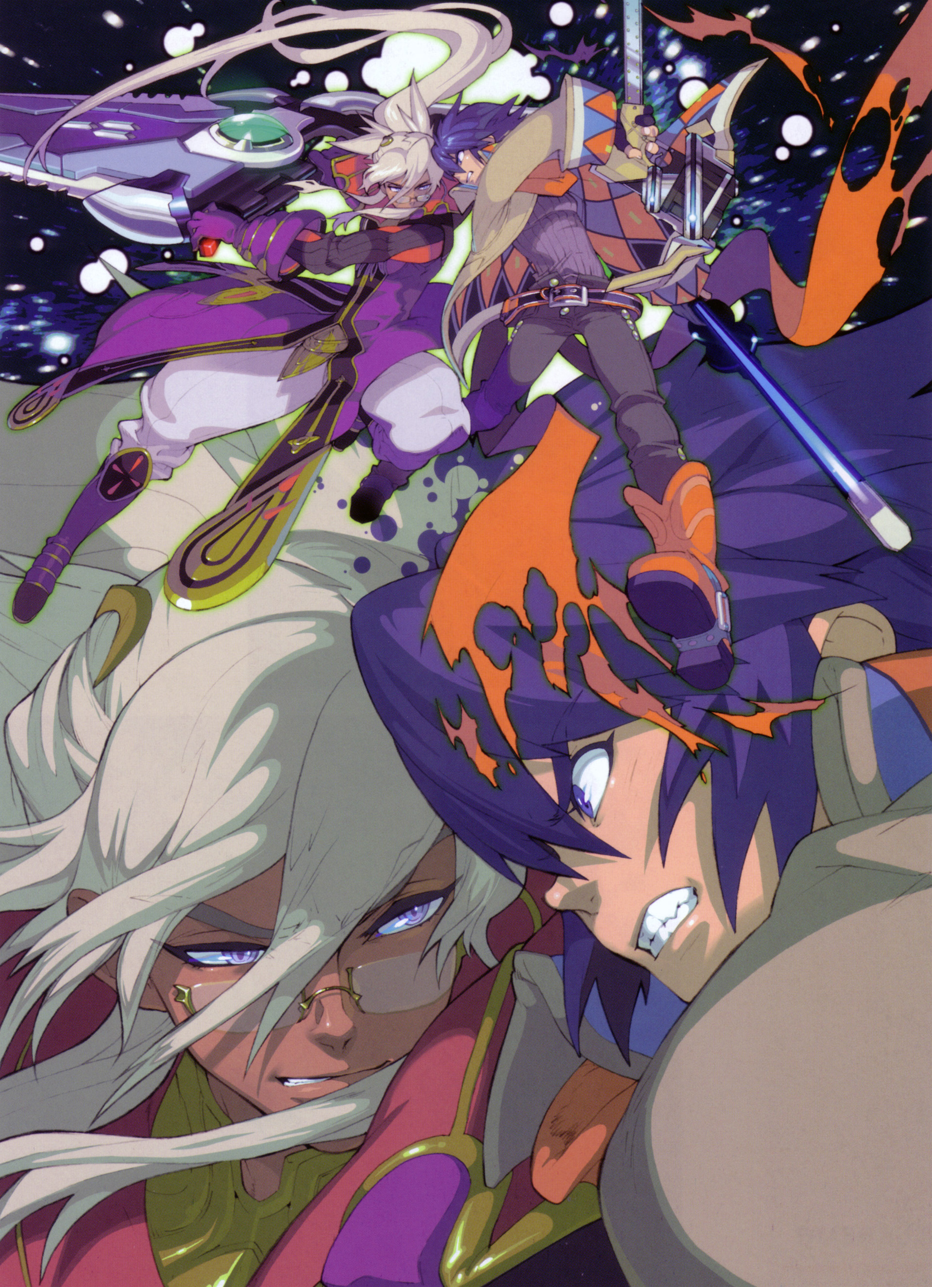sasaki tomomi, dean stark, volsung, volsung (wild arms), wild arms, wild arms 5, absurdres, highres, official art, 2boys, battle, boots, glasses, gun, knee boots, multiple boys, sword, weapon