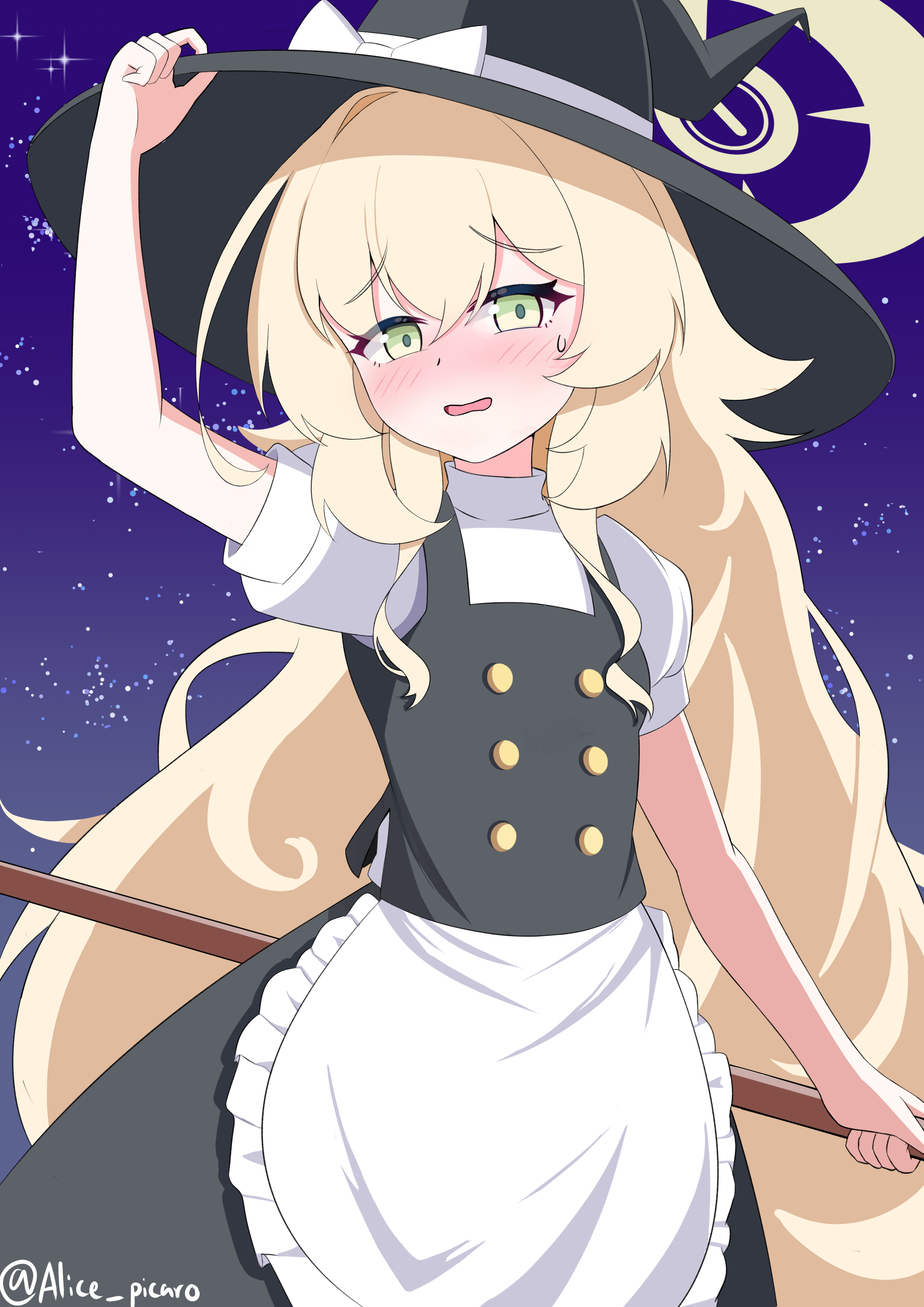 alice picaro, kirisame marisa, professor niyaniya (blue archive), blue archive, touhou, fluffy hair, absurdres, commentary request, highres, 1girl, adjusting clothes, adjusting headwear, alternate costume, apron, blonde hair, blush, broom, buttons, cosplay, cowboy shot, dress, embarrassed, frilled apron, frills, green eyes, hair between eyes, halo, hat, holding, holding broom, kirisame marisa (cosplay), long hair, look-alike, looking at viewer, night, night sky, outdoors, pinafore dress, puffy short sleeves, puffy sleeves, short sleeves, sidelocks, sky, sleeveless, sleeveless dress, smile, solo, star (sky), starry sky, waist apron, white apron, witch hat, yellow halo