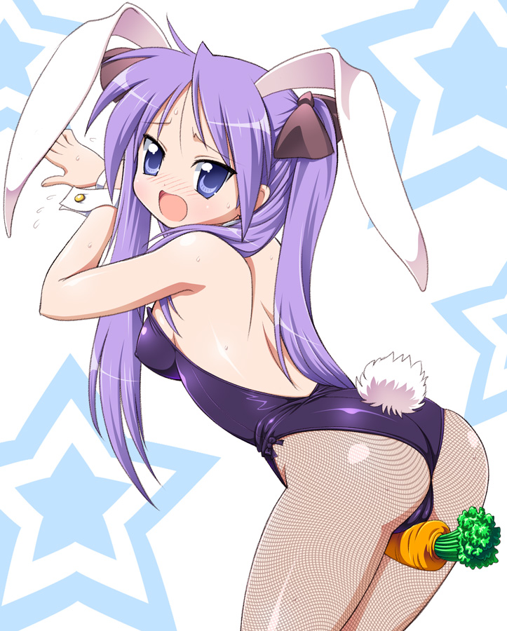 tanuki yousuke, hiiragi kagami, lucky star, 00s, 1girl, :o, animal ears, armpits, ass, back, backless outfit, bent over, between thighs, blue eyes, blush, breasts, cameltoe, carrot, covered erect nipples, embarrassed, fake animal ears, female focus, fishnet pantyhose, fishnets, from behind, hair ribbon, leotard, long hair, looking back, open mouth, pantyhose, playboy bunny, purple hair, rabbit ears, rabbit girl, rabbit tail, ribbon, shiny clothes, small breasts, solo, star (symbol), sweat, sweatdrop, tail, tsurime, twintails, wrist cuffs