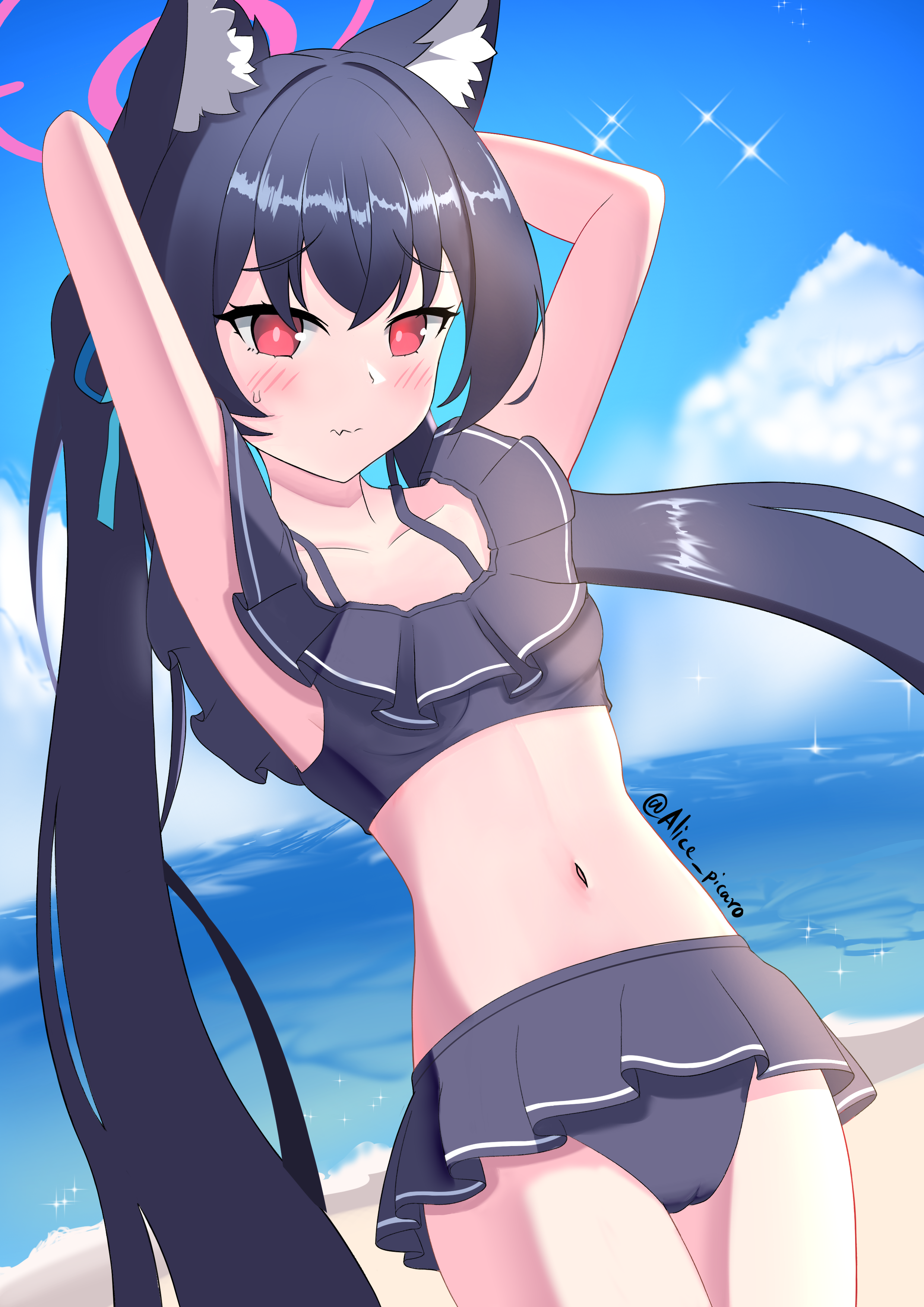 alice picaro, serika (blue archive), serika (swimsuit) (blue archive), blue archive, absurdres, commentary request, highres, 1girl, animal ear fluff, animal ears, armpits, arms behind head, beach, bikini, black bikini, black hair, blue sky, blurry, cat ears, cat girl, cloud, cloudy sky, cowboy shot, depth of field, dutch angle, frilled bikini, frills, hair between eyes, halo, horizon, long hair, looking at viewer, navel, ocean, official alternate costume, outdoors, presenting armpit, red eyes, red halo, sidelocks, sky, solo, sparkle, stomach, swimsuit, twintails, wavy mouth