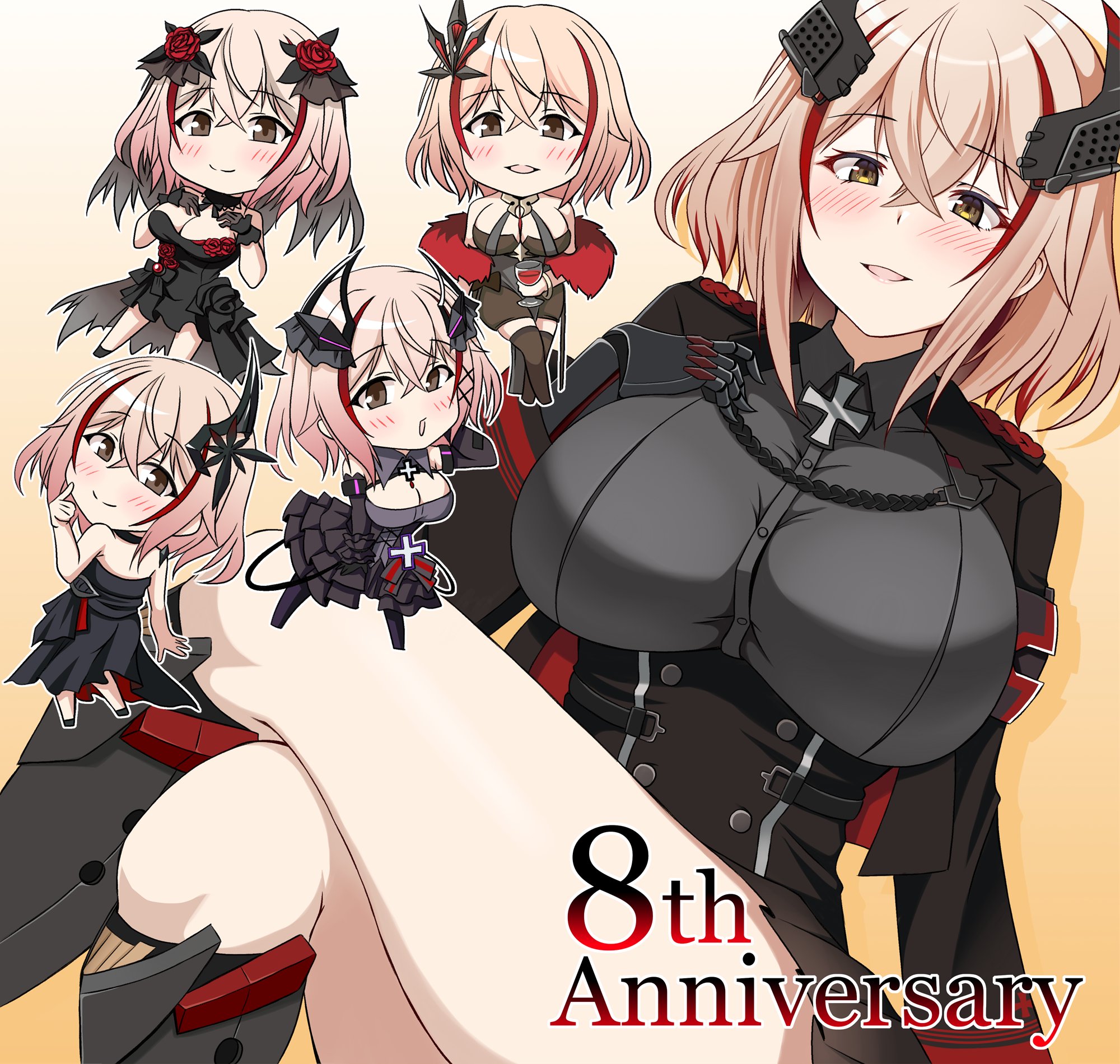 amamiya akira, roon (azur lane), roon (dark red grin) (azur lane), roon (muse) (azur lane), roon (the abyssal embrace) (azur lane), roon (viridescent lullaby) (azur lane), azur lane, commentary request, highres, 1girl, alcohol, anniversary, bare shoulders, black dress, black gloves, black shirt, black thighhighs, black veil, breasts, bridal veil, brown hair, chibi, cleavage, cocktail dress, cross, crossed legs, cup, detached sleeves, dress, drinking glass, evening gown, feather boa, flower, framed breasts, gloves, hair between eyes, hair flower, hair ornament, halter dress, halterneck, headgear, holding, holding cup, iron cross, large breasts, layered dress, long sleeves, looking at viewer, mechanical arms, medium hair, multicolored hair, multiple views, official alternate costume, red flower, red rose, red streaks, red wine, rose, shirt, simple background, streaked hair, taut clothes, taut shirt, thighhighs, tight clothes, tight dress, two-tone hair, veil, wedding dress, wine, wine glass, yellow eyes