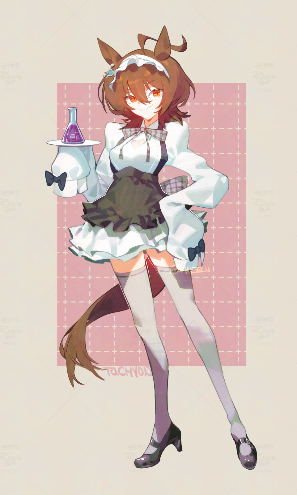 raneblu, agnes tachyon (umamusume), umamusume, highres, 1girl, ahoge, alternate costume, animal ears, apron, artist name, black apron, black shoes, bow, bowtie, breasts, brown hair, character name, cleavage cutout, closed mouth, clothing cutout, dress, earrings, enmaided, erlenmeyer flask, flask, full body, grey thighhighs, hair between eyes, heart cutout, high heels, holding, holding tray, horse ears, horse girl, horse tail, jewelry, looking at viewer, maid, maid headdress, medium hair, red eyes, shoes, short dress, single earring, sleeves past fingers, sleeves past wrists, small breasts, smile, solo, standing, tail, thighhighs, tray, twitter username, watermark, white dress