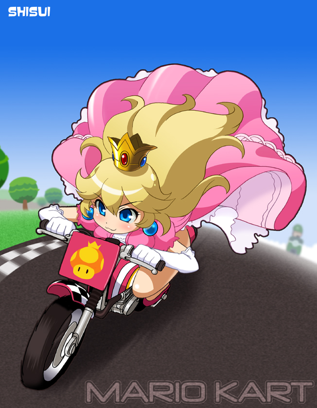 shisui, luigi, princess peach, mario (series), mario kart, nintendo, vehicle, 1boy, 1girl, :3, blonde hair, blue eyes, crown, dress, hat, motor vehicle, motorcycle, netorare