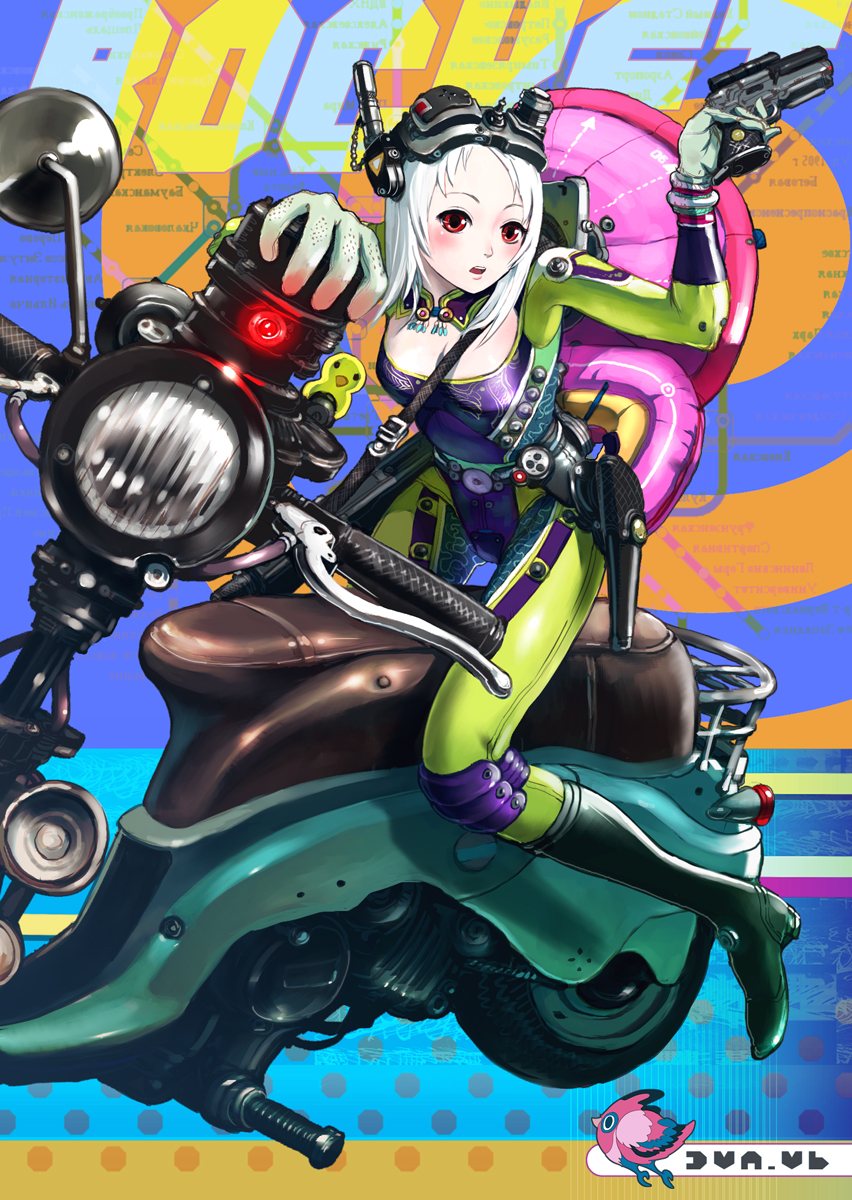 nagasawa shin, original, silver hair, bad id, bad pixiv id, highres, 1girl, female focus, gun, red eyes, short hair, solo, weapon