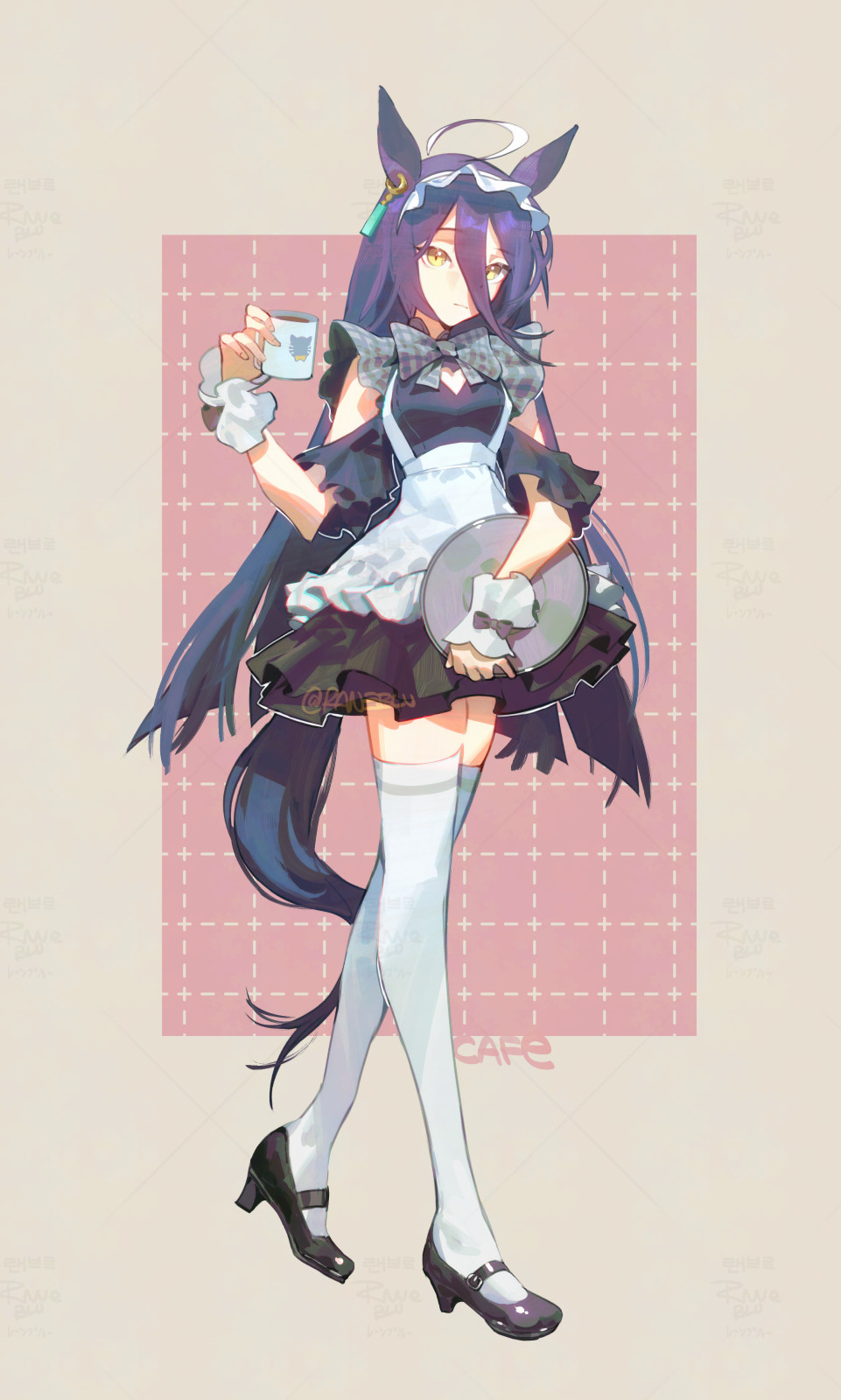 raneblu, manhattan cafe (umamusume), umamusume, highres, 1girl, ahoge, alternate costume, animal ears, apron, artist name, black dress, black hair, black shoes, bow, bowtie, breasts, character name, cleavage cutout, closed mouth, clothing cutout, cup, dress, earrings, enmaided, full body, hair between eyes, hand up, heart cutout, holding, holding cup, holding tray, horse ears, horse girl, horse tail, jewelry, long hair, looking at viewer, maid, maid headdress, mary janes, multicolored hair, shoes, short dress, short sleeves, shoulder cutout, single earring, small breasts, solo, standing, streaked hair, tail, thighhighs, tray, twitter username, walking, watermark, white apron, white thighhighs, wrist cuffs, yellow eyes