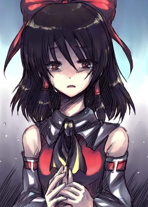 onimaru gonpei, hakurei reimu, touhou, 1girl, :o, ascot, black hair, brown eyes, collar, detached sleeves, expressionless, female focus, long sleeves, looking at viewer, own hands together, parted lips, ribbon-trimmed sleeves, ribbon trim, shaded face, solo, tears