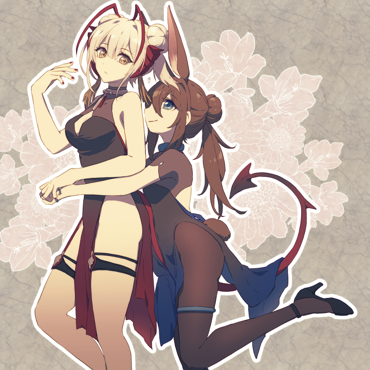 lari lab, amiya (arknights), w (arknights), arknights, commentary, 2girls, animal ears, antenna hair, black dress, blue eyes, breasts, brown eyes, brown hair, closed mouth, demon girl, demon horns, demon tail, dress, feet out of frame, full body, grey hair, hair between eyes, hand up, high heels, horns, hug, hug from behind, long hair, looking at another, multiple girls, rabbit ears, rabbit girl, red horns, red nails, smile, standing, standing on one leg, tail