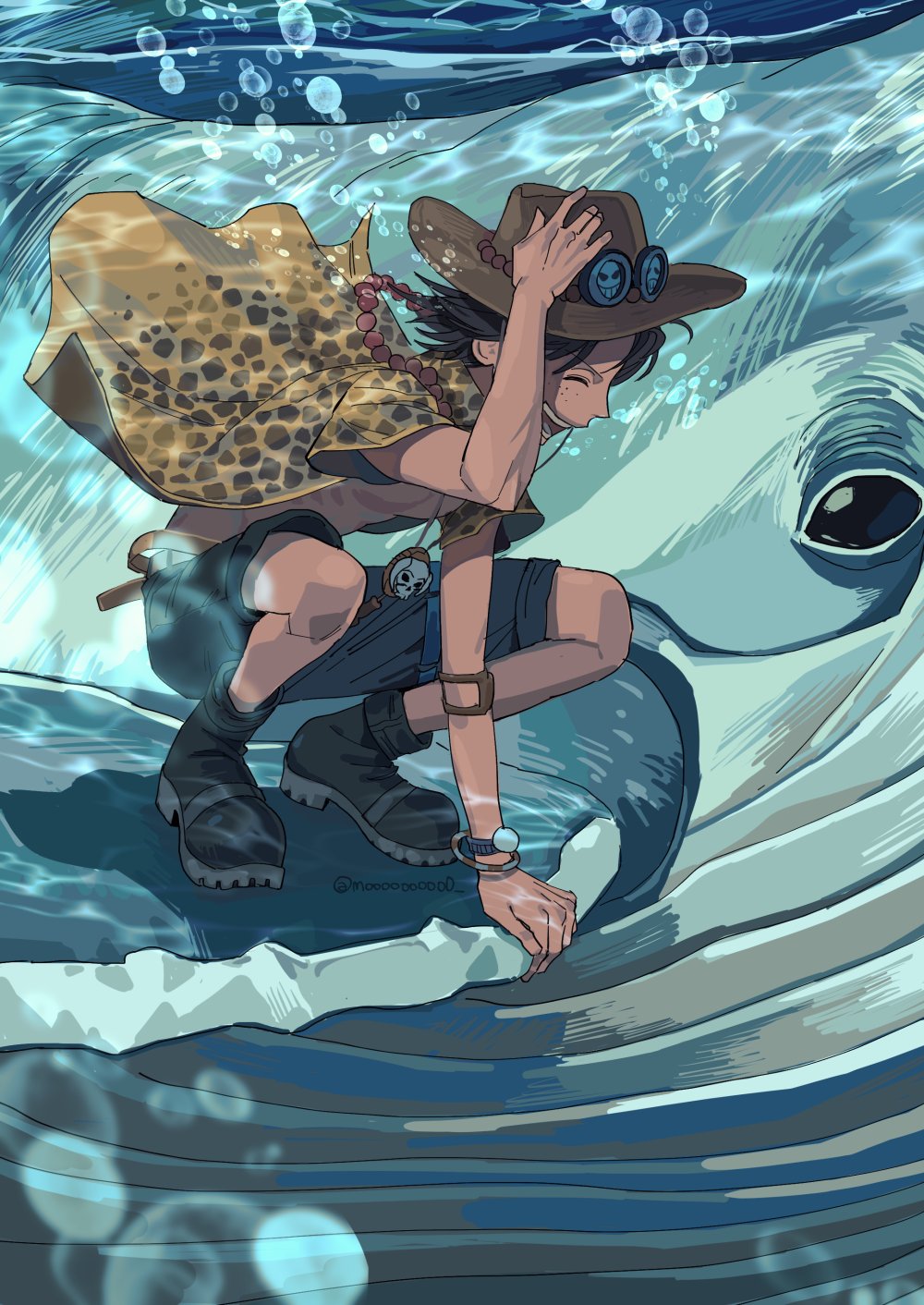 mulso, portgas d. ace, one piece, highres, 1boy, ^ ^, black hair, blue shorts, boots, closed eyes, elbow pads, freckles, hand on headwear, hat, jewelry, log pose, necklace, open clothes, open shirt, orange hat, pearl necklace, short hair, shorts, single elbow pad, smile, squatting, twitter username, underwater, whale
