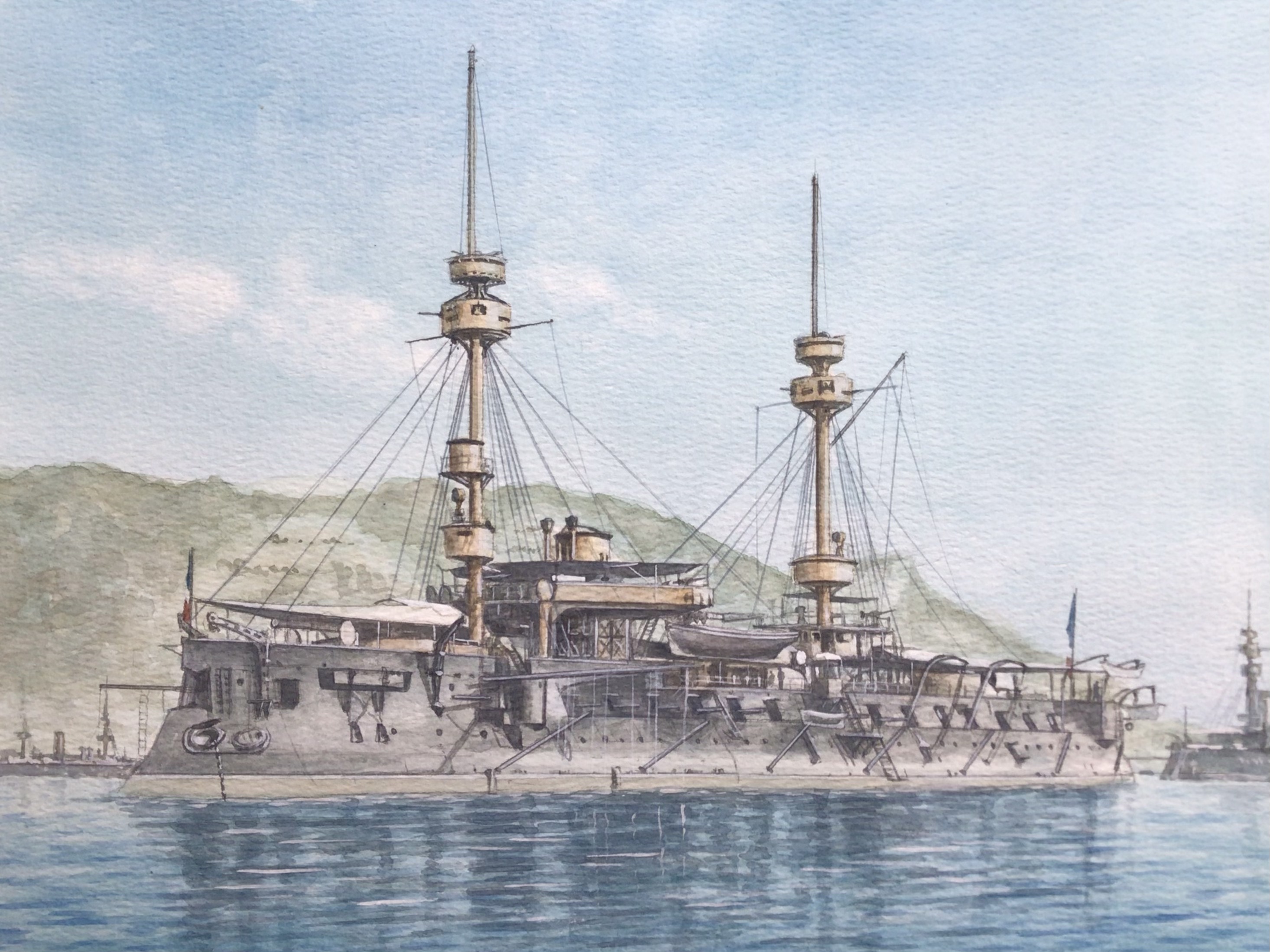 atelier bono, original, commentary request, highres, painting (medium), photo-referenced, traditional media, watercolor (medium), blue sky, cannon, cloud, formidable (1885 ironclad), french flag, french navy, ironclad, mast, military vehicle, no humans, ocean, port, scenery, ship, sky, smokestack, vehicle focus, warship, watercraft