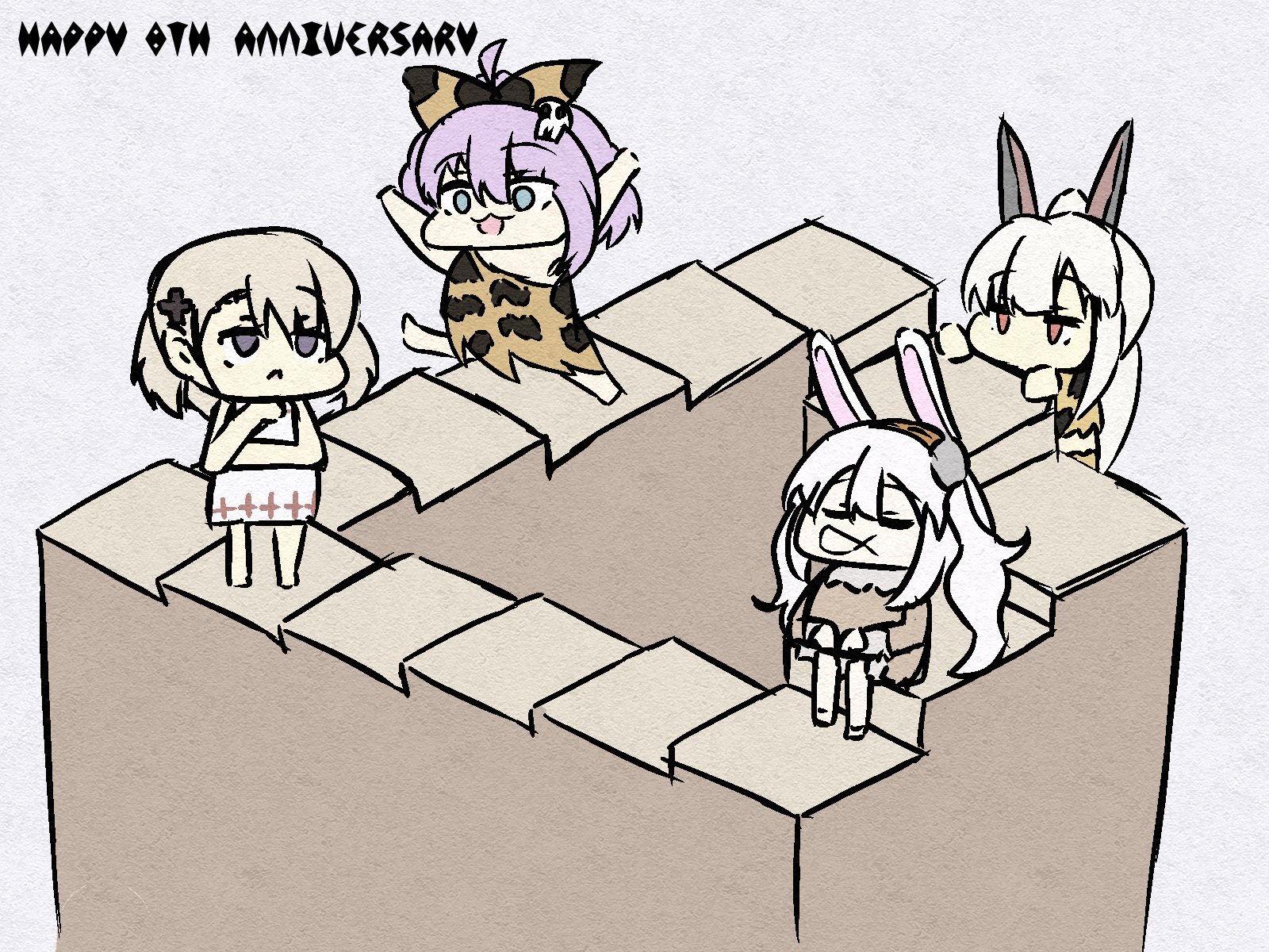 fuki to takenoko, ayanami (azur lane), javelin (azur lane), laffey (azur lane), z23 (azur lane), azur lane, commentary request, highres, 4girls, blue eyes, chibi, chibi only, closed eyes, hair ornament, happy anniversary, impossible architecture, multiple girls, pink hair, purple eyes, red eyes, skull hair ornament, sleeping