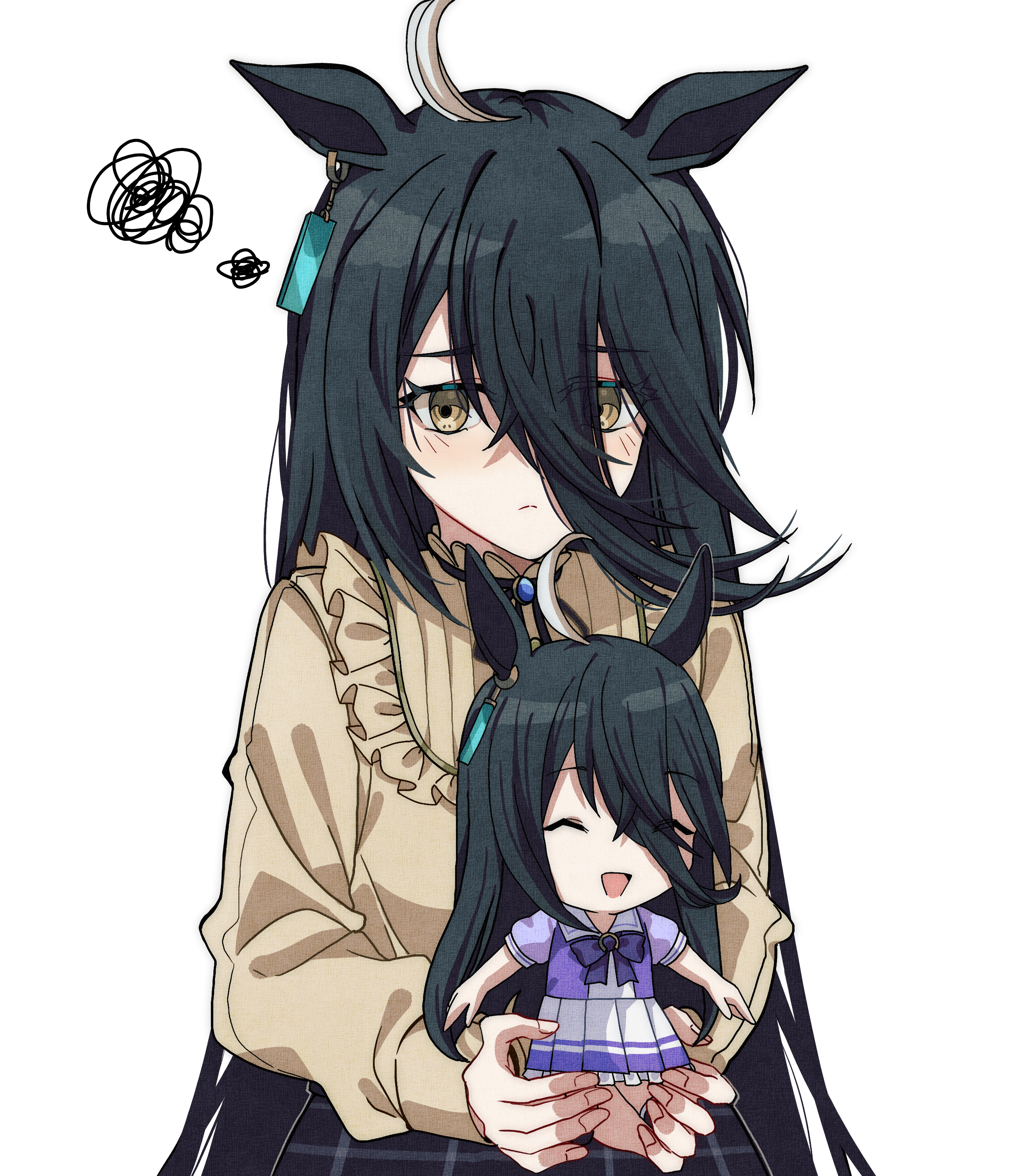 pokarii zuu, manhattan cafe (umamusume), umamusume, absurdres, highres, 1girl, ahoge, animal ears, black hair, character doll, closed mouth, doll, ear tag, hair between eyes, holding, holding doll, horse ears, horse girl, light frown, long hair, long hair between eyes, school uniform, shirt, simple background, solo, squiggle, tracen school uniform, white background, yellow eyes, yellow shirt