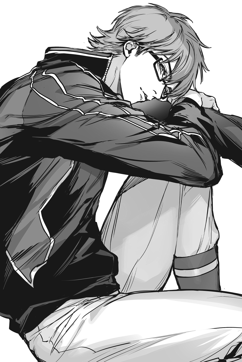miyuki kazuya, ace of diamond, highres, 1boy, arm on knee, from side, fuko tyo, glasses, greyscale, invisible floor, jacket, knee up, long sleeves, looking at viewer, male focus, monochrome, seidou high school jacket, short hair, simple background, sitting, solo, white background, zipper