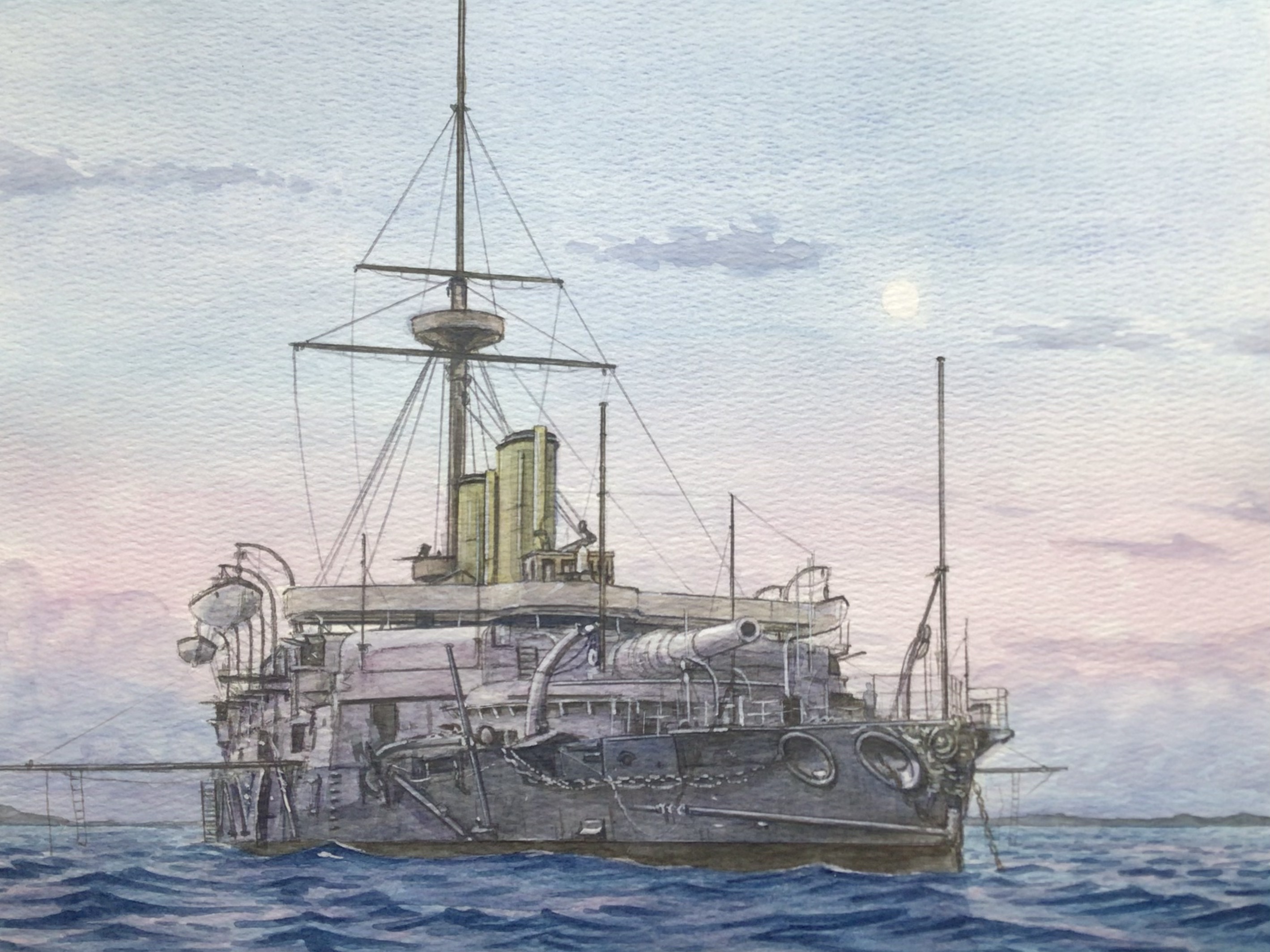 atelier bono, original, commentary request, highres, painting (medium), photo-referenced, traditional media, watercolor (medium), blue sky, cannon, cloud, gunboat, hms benbow (1888), ironclad, mast, military vehicle, no humans, ocean, royal navy, scenery, ship, sky, smokestack, sunset, vehicle focus, warship, watercraft