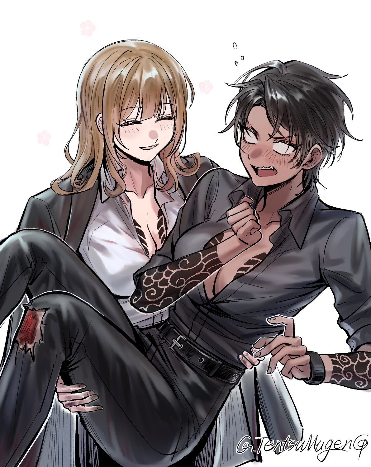 catherine (project moon), heathcliff (project moon), kurokumo clan (identity) (project moon), limbus company, project moon, highres, blush, breasts, carrying, genderswap, genderswap (mtf), injury, irezumi, large breasts, no bra, princess carry, tattoo, tentsumugen, white background, yuri