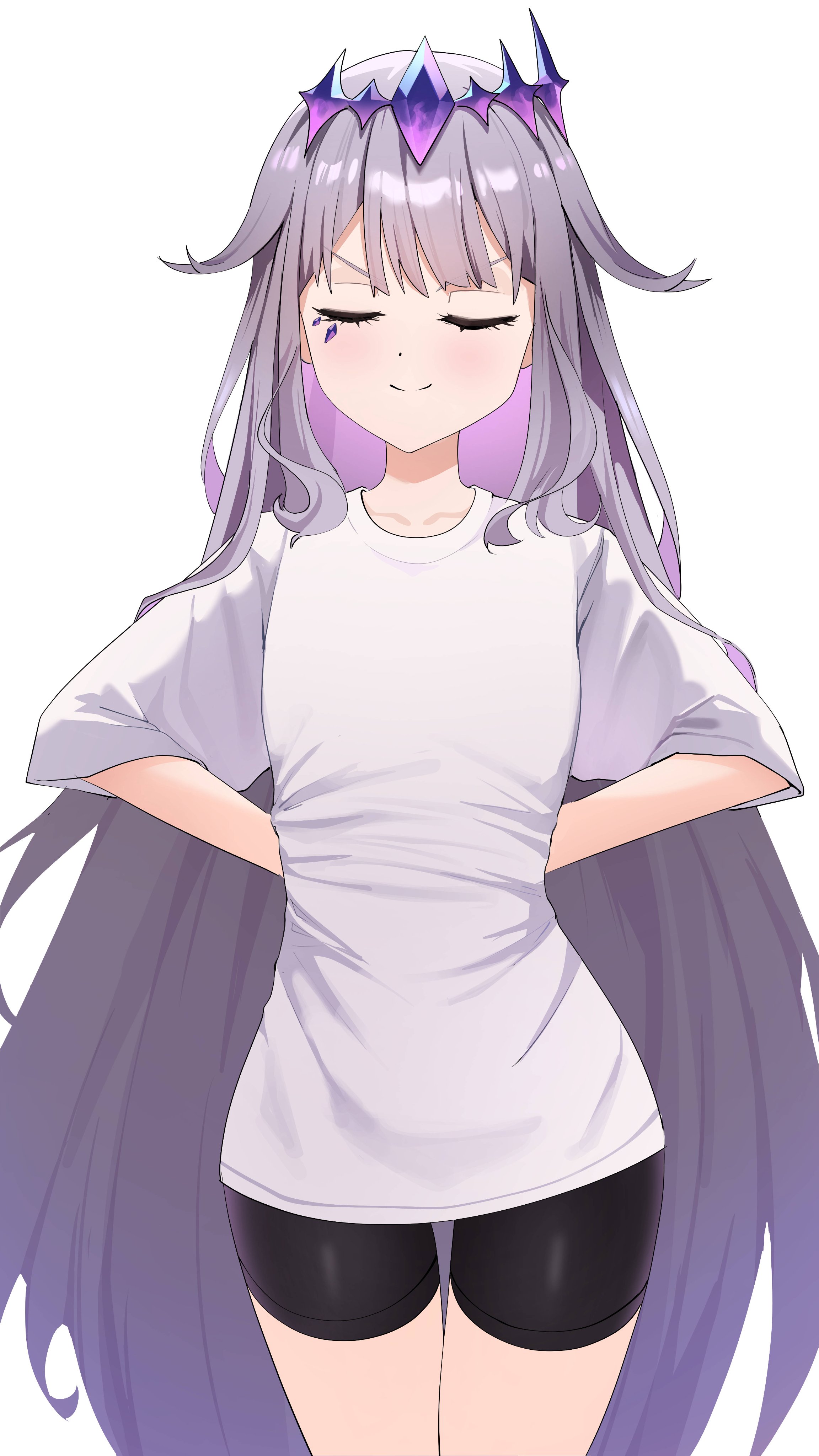 pitespear, koseki bijou, hololive, hololive english, absurdres, highres, 1girl, alternate costume, arms behind back, black shorts, closed eyes, closed mouth, colored inner hair, gem, gradient hair, grey hair, jewel under eye, long hair, multicolored hair, purple gemstone, purple hair, shirt, short shorts, shorts, simple background, smile, solo, t-shirt, very long hair, virtual youtuber, white background, white shirt