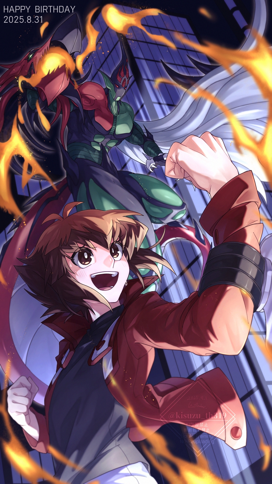 kisuzu th319, elemental hero flame wingman, yuki judai, yu-gi-oh!, yu-gi-oh! gx, highres, angel wings, black shirt, breath weapon, breathing fire, brown eyes, brown hair, building, collared jacket, duel academy uniform (yu-gi-oh! gx), duel monster, fire, fist pump, happy, jacket, open mouth, popped collar, red jacket, shirt, sidelocks, skyscraper, wings
