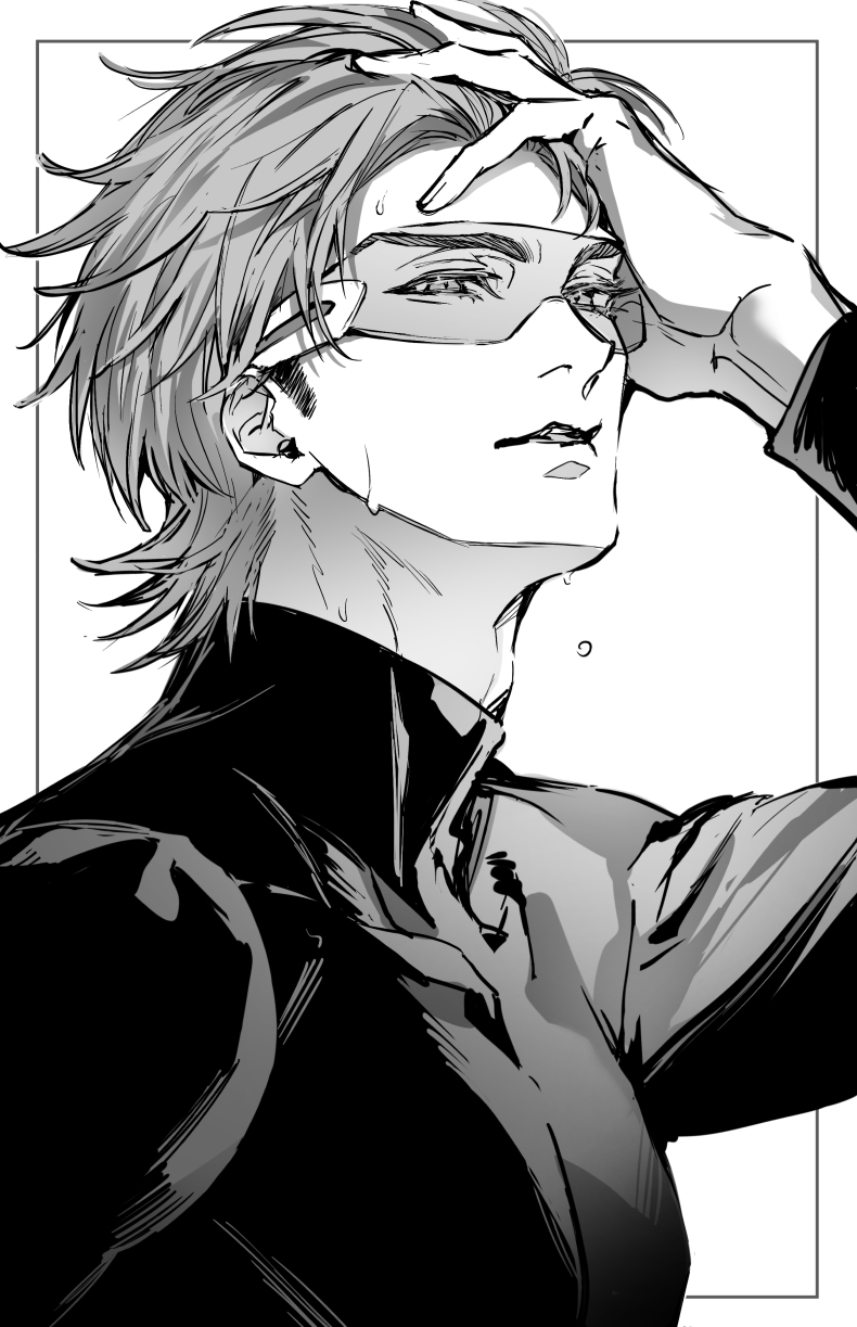 miyuki kazuya, ace of diamond, commentary request, highres, 1boy, adam's apple, arm up, brown hair, closed mouth, collarbone, eyelashes, fuko tyo, goggles, greyscale, hand on own head, high collar, looking at viewer, male focus, monochrome, outside border, short hair, solo, sweat, upper body