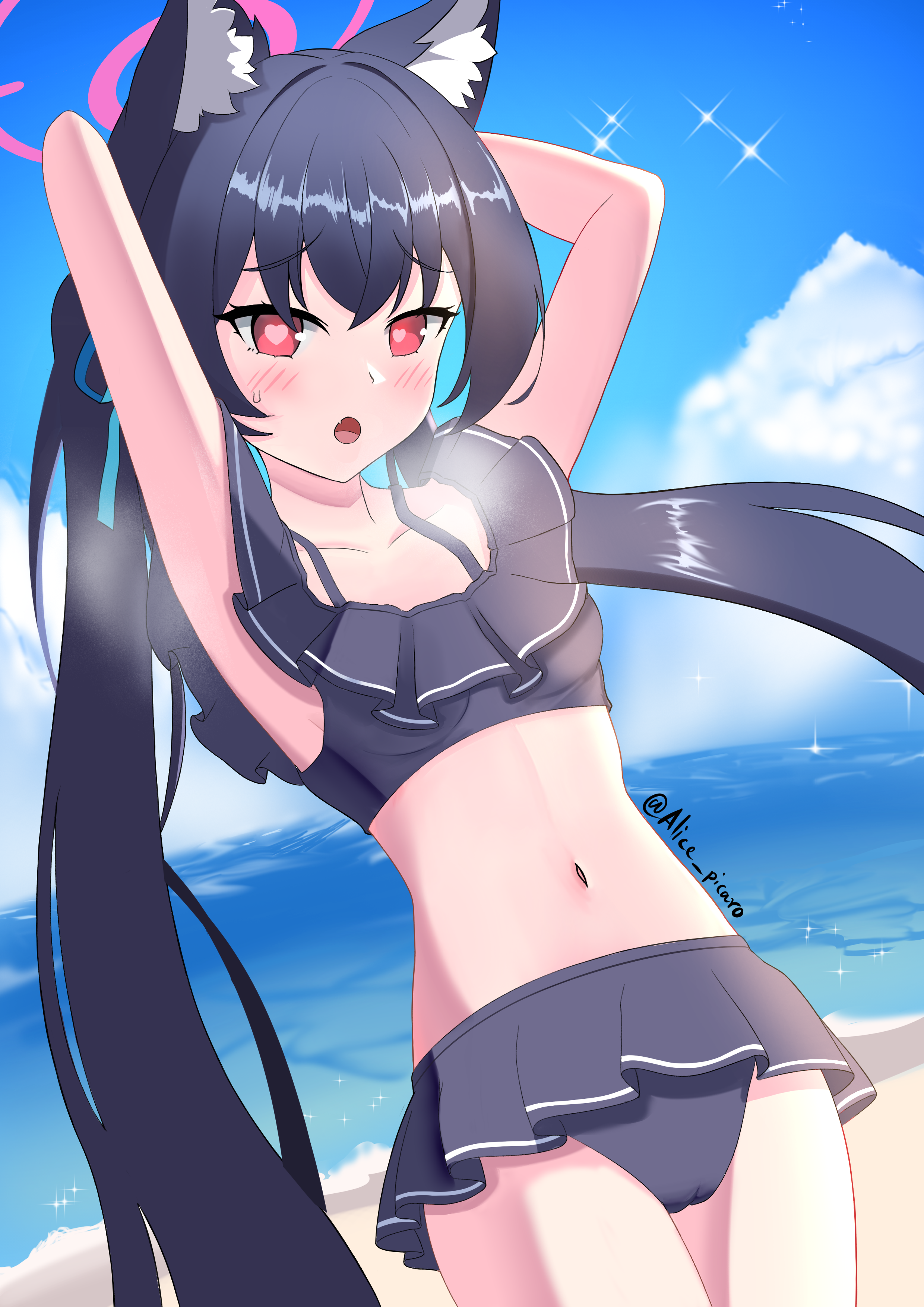alice picaro, serika (blue archive), serika (swimsuit) (blue archive), blue archive, absurdres, commentary request, highres, 1girl, animal ear fluff, animal ears, armpits, arms behind head, beach, bikini, black bikini, black hair, blue sky, blurry, cat ears, cat girl, cloud, cloudy sky, cowboy shot, depth of field, dutch angle, fang, frilled bikini, frills, hair between eyes, halo, heart, heart-shaped pupils, horizon, long hair, looking at viewer, navel, ocean, official alternate costume, outdoors, presenting armpit, red eyes, red halo, sidelocks, sky, solo, sparkle, steam, stomach, swimsuit, symbol-shaped pupils, twintails, visible air