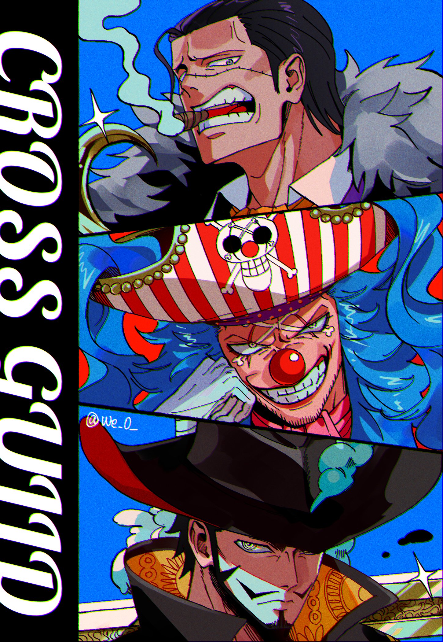 we 0, buggy the clown, crocodile (one piece), dracule mihawk, one piece, commentary, highres, 3boys, black hair, blue background, blue hair, cigar, closed mouth, evil smile, facial hair, hair slicked back, hat, hat feather, hook hand, long hair, looking at viewer, makeup, male focus, multiple boys, mustache, pirate hat, red nose, ringed eyes, smile, smoke, sparkle, twitter username, yellow eyes
