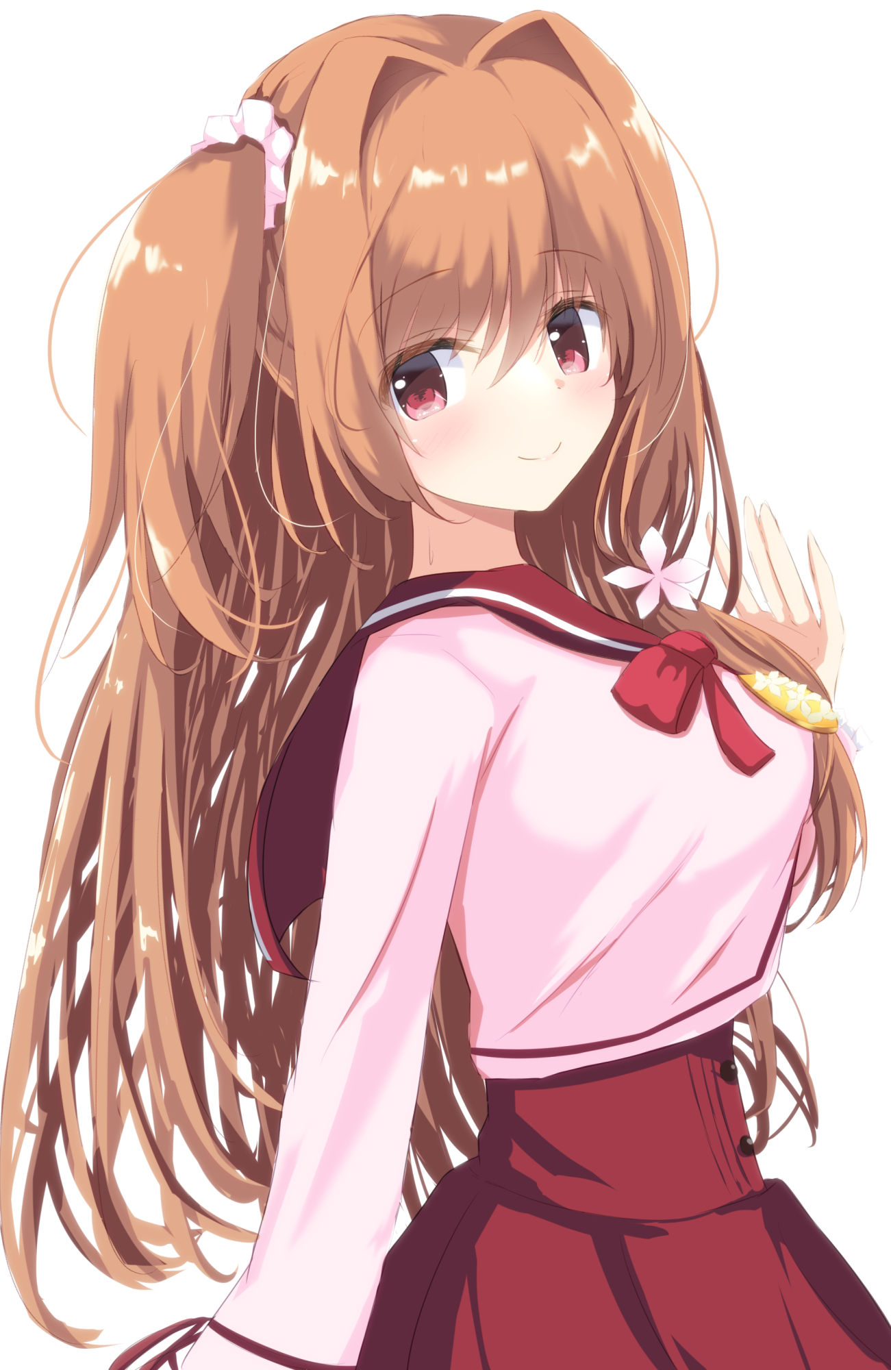 kisuish, unazuki shizuri, yuki koi melt, commentary request, highres, 1girl, blush, breasts, brown hair, candy, chocolate, chocolate heart, closed mouth, eyes visible through hair, food, from side, hair between eyes, hair intakes, hand up, heart, heart-shaped food, high-waist skirt, large breasts, long hair, long sleeves, one side up, pink scrunchie, pink skirt, red eyes, red sailor collar, red skirt, sailor collar, school uniform, scrunchie, serafuku, skirt, smile, solo, very long hair