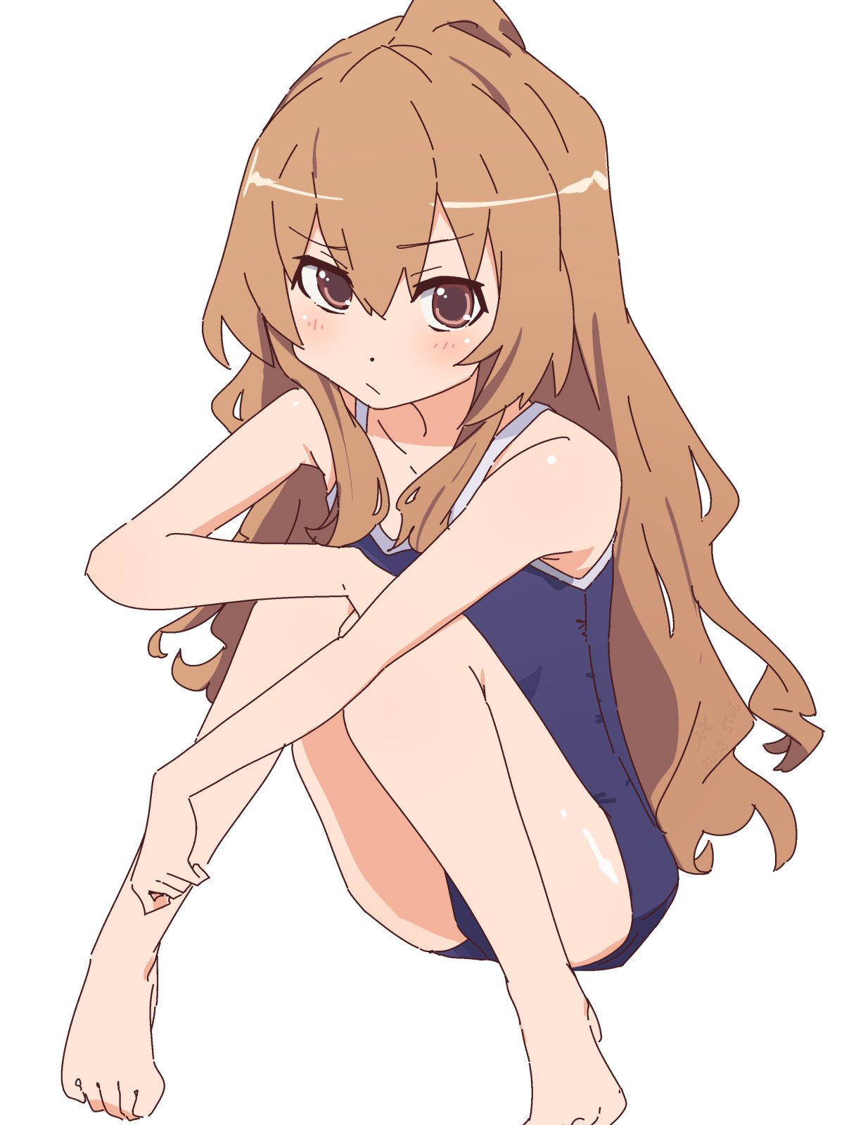 bluearcadegames, aisaka taiga, toradora!, highres, 1girl, barefoot, brown eyes, brown hair, competition school swimsuit, feet, hugging own legs, long hair, looking at viewer, school swimsuit, solo, swimsuit, toes