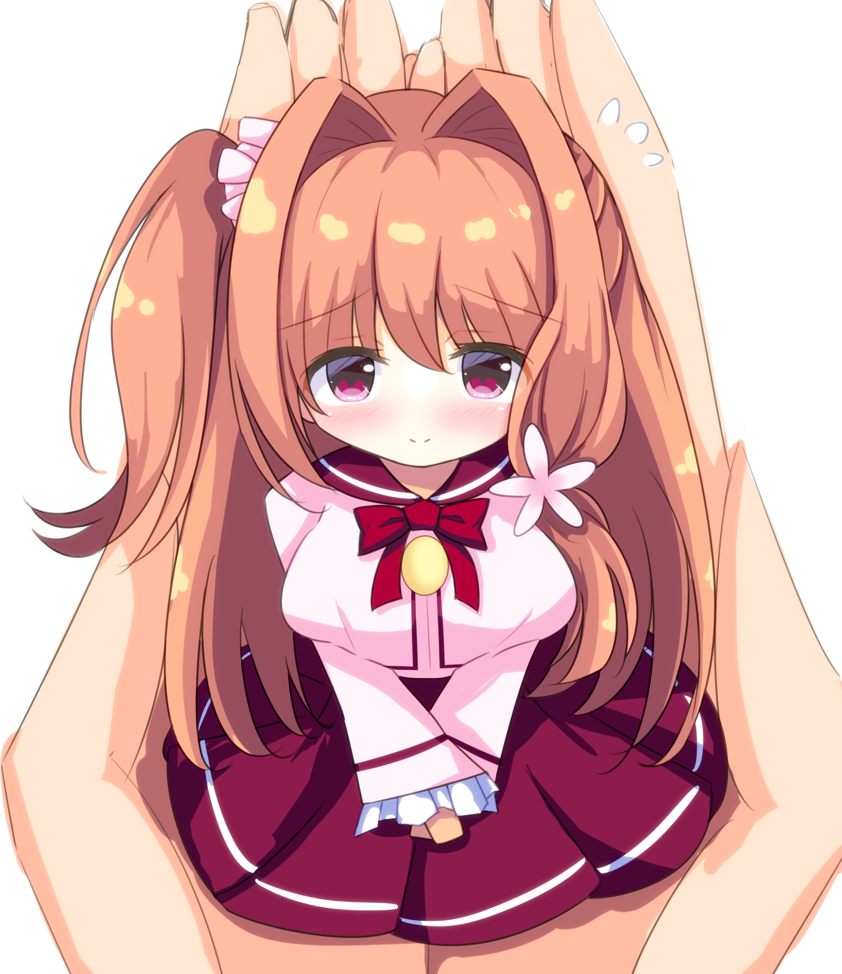 kisuish, unazuki shizuri, yuki koi melt, commentary request, highres, 1girl, 1other, blush, bow, bowtie, breasts, brown hair, chibi, chibi inset, closed mouth, eyes visible through hair, flower, flying sweatdrops, frilled sleeves, frills, full body, hair between eyes, hair flower, hair intakes, hair ornament, hair scrunchie, half updo, holding chibi, large breasts, long hair, long sleeves, one side up, own hands together, pink flower, pink scrunchie, pink shirt, pleated skirt, pov, pov hands, red bow, red bowtie, red eyes, red sailor collar, red skirt, sailor collar, school uniform, scrunchie, serafuku, shirt, sidelocks, simple background, skirt, smile, split mouth, straight hair, tareme, upturned eyes, v arms, very long hair, white background, wide sleeves