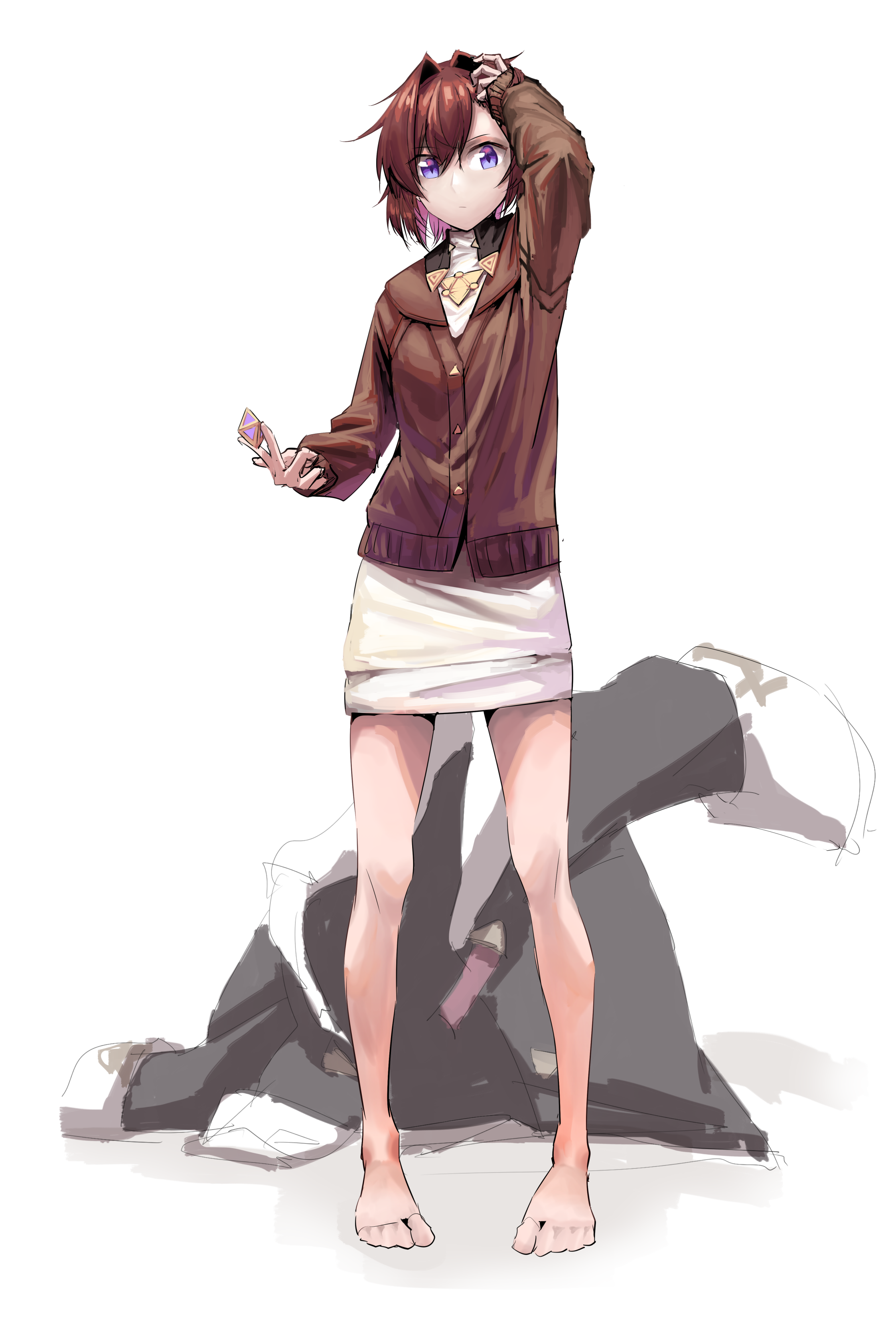 zxjv, ange katrina, ange katrina (1st costume), nijisanji, absurdres, commentary request, highres, 1girl, arm up, bare legs, barefoot, breasts, cardigan, coat, collared dress, dress, full body, grey coat, hair between eyes, hair intakes, hand in own hair, holding, long sleeves, looking at viewer, purple eyes, red cardigan, red hair, short dress, short hair, simple background, small breasts, solo, standing, straight-on, unworn coat, virtual youtuber, white background, white dress