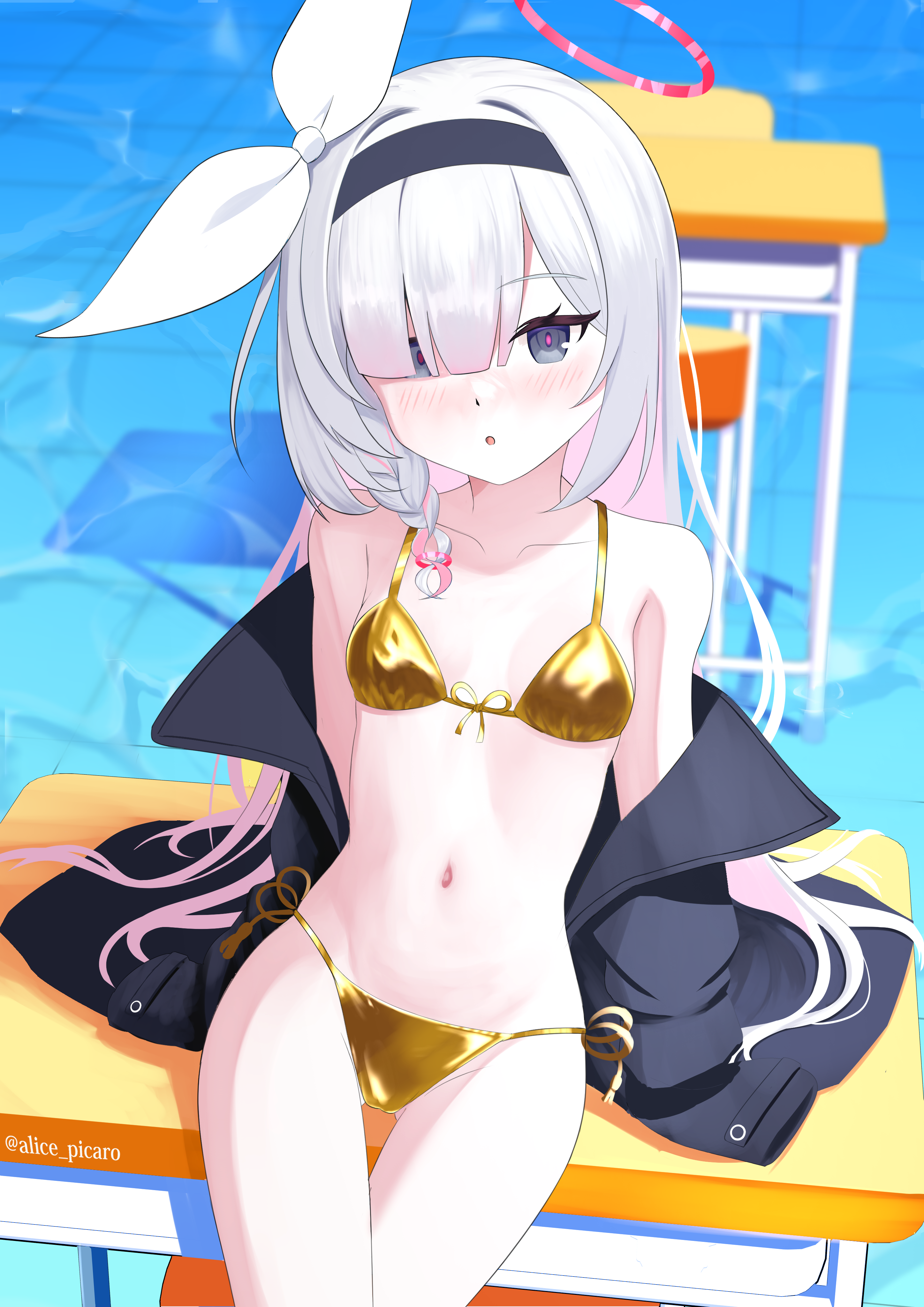alice picaro, plana (blue archive), blue archive, absurdres, commentary request, highres, 1girl, alternate costume, bikini, black coat, black eyes, black hairband, blunt bangs, blurry, blush, braid, braided sidelock, breasts, chair, cleavage, coat, collarbone, colored inner hair, cowboy shot, depth of field, desk, from above, gold bikini, hairband, halo, long hair, long sleeves, looking at viewer, multicolored hair, navel, open clothes, open coat, parted bangs, parted lips, pink hair, red halo, school chair, school desk, side-tie bikini bottom, single braid, sitting, small breasts, solo, stomach, swimsuit, two-tone hair, white hair