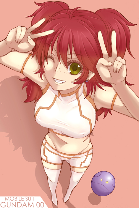 kannagi kaname, bad haro, haro, nena trinity, gundam, gundam 00, bad id, bad pixiv id, 00s, 1girl, breasts, double v, female focus, freckles, midriff, one eye closed, red hair, shorts, solo, thighhighs, v, wink, yellow eyes, zettai ryouiki