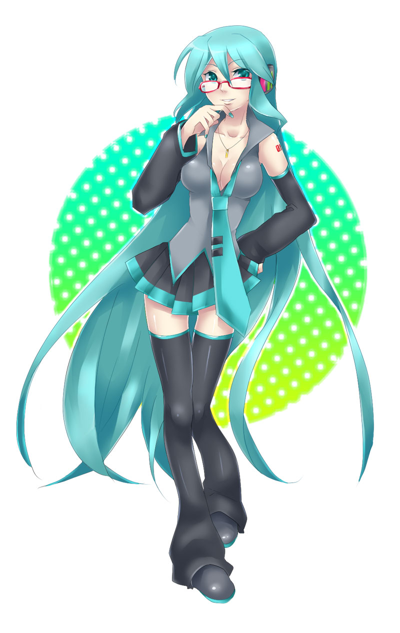 hattori masaki, hatsune miku, vocaloid, bad id, bad pixiv id, highres, 1girl, alternate hairstyle, aqua hair, bespectacled, breasts, cleavage, female focus, glasses, hair down, hand on own hip, hip focus, long hair, medium breasts, red-framed eyewear, solo, thighhighs, very long hair
