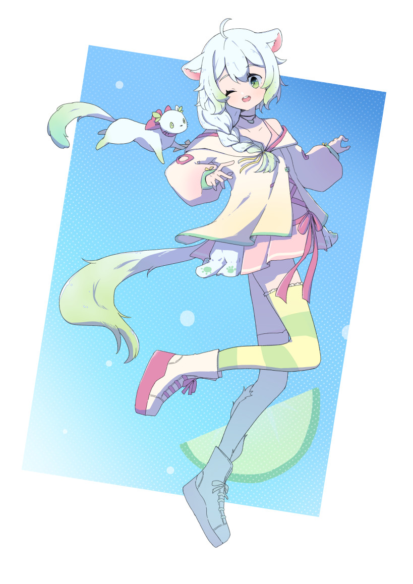 laimu (vtuber), laimu (vtuber) (1st costume), vinesauce, 1girl, ahoge, animal, animal ears, asymmetrical legwear, braid, dress, ferret, ferret ears, ferret girl, ferret tail, floating, food, fruit, full body, gradient fur, gradient hair, gradient tail, green eyes, green fur, green hair, green tail, hair between eyes, jacket, jewelry, lime (fruit), lime slice, limon (laimu), mismatched legwear, multicolored fur, multicolored hair, multicolored tail, necklace, one eye closed, ritzueli, shoes, tail, thighhighs, two-tone fur, two-tone hair, two-tone tail, virtual youtuber, white fur, white hair, white tail, zettai ryouiki