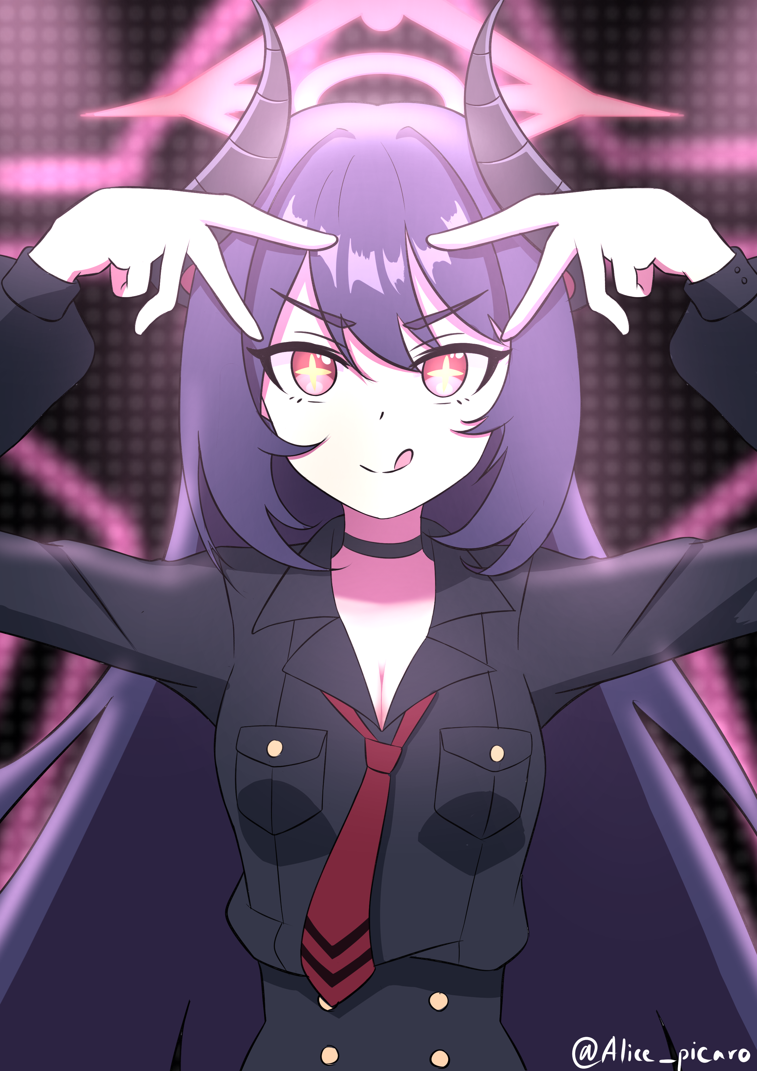 alice picaro, chiaki (blue archive), blue archive, oshi no ko, absurdres, commentary request, highres, + +, 1girl, :q, black choker, black shirt, breast pocket, breasts, buttons, choker, cleavage, collared shirt, demon girl, demon horns, double v, hair between eyes, halo, horns, long hair, long sleeves, looking at viewer, medium breasts, necktie, pocket, red halo, red necktie, school uniform, shirt, sidelocks, simple background, solo, sparkling eyes, tongue, tongue out, upper body, v