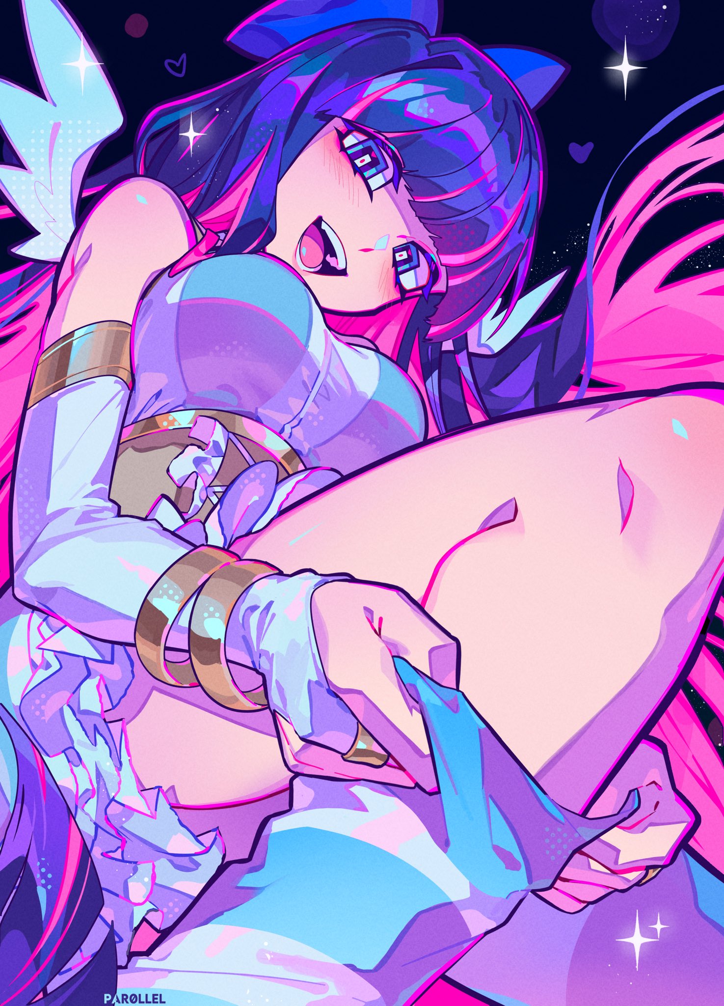 par0llel, stocking (psg), panty & stocking with garterbelt, commentary, english commentary, highres, 1girl, :d, adjusting clothes, adjusting legwear, artist name, bare legs, bare shoulders, black background, blue bow, blue eyes, blue socks, blunt bangs, blush, bow, bracelet, breasts, bridal gauntlets, bright pupils, colored inner hair, dress, feet out of frame, frilled dress, frills, from below, gold bracelet, hair bow, halftone, heart, jewelry, knee up, kneehighs, large breasts, light particles, long hair, looking at viewer, multicolored hair, open mouth, pink hair, purple hair, simple background, sleeveless, sleeveless dress, smile, socks, solo, sparkle, streaked hair, striped clothes, striped socks, teeth, tongue, two-tone hair, two-tone socks, very long hair, white bridal gauntlets, white dress, white pupils, white socks, white wings, wings