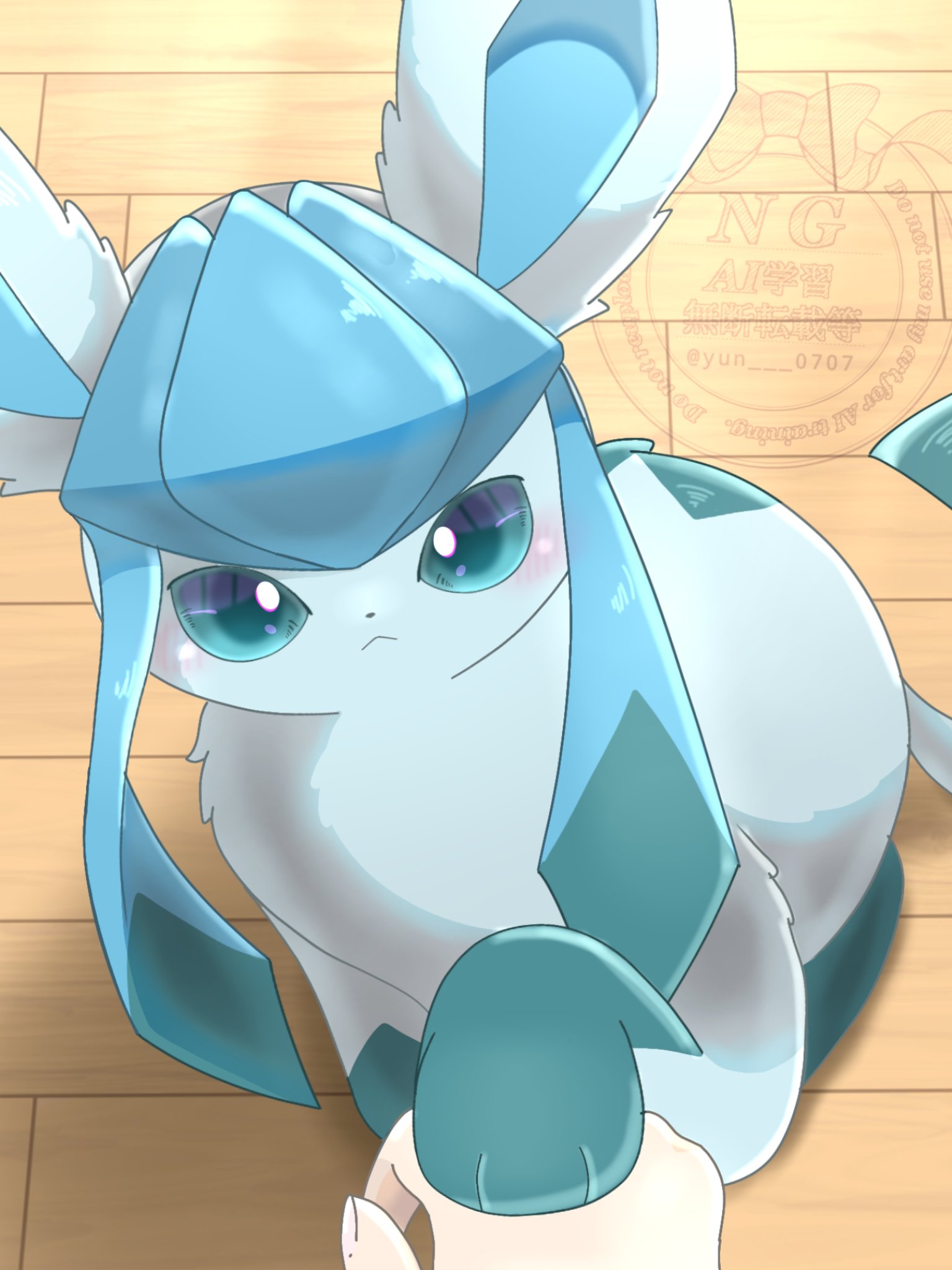 glaceon, nintendo, pokemon, highres, 1other, animal focus, blue eyes, blue fur, blush, closed mouth, gen 4 pokemon, indoors, looking at viewer, pokemon (creature), pokemon focus, tail, wooden floor, yun 0707