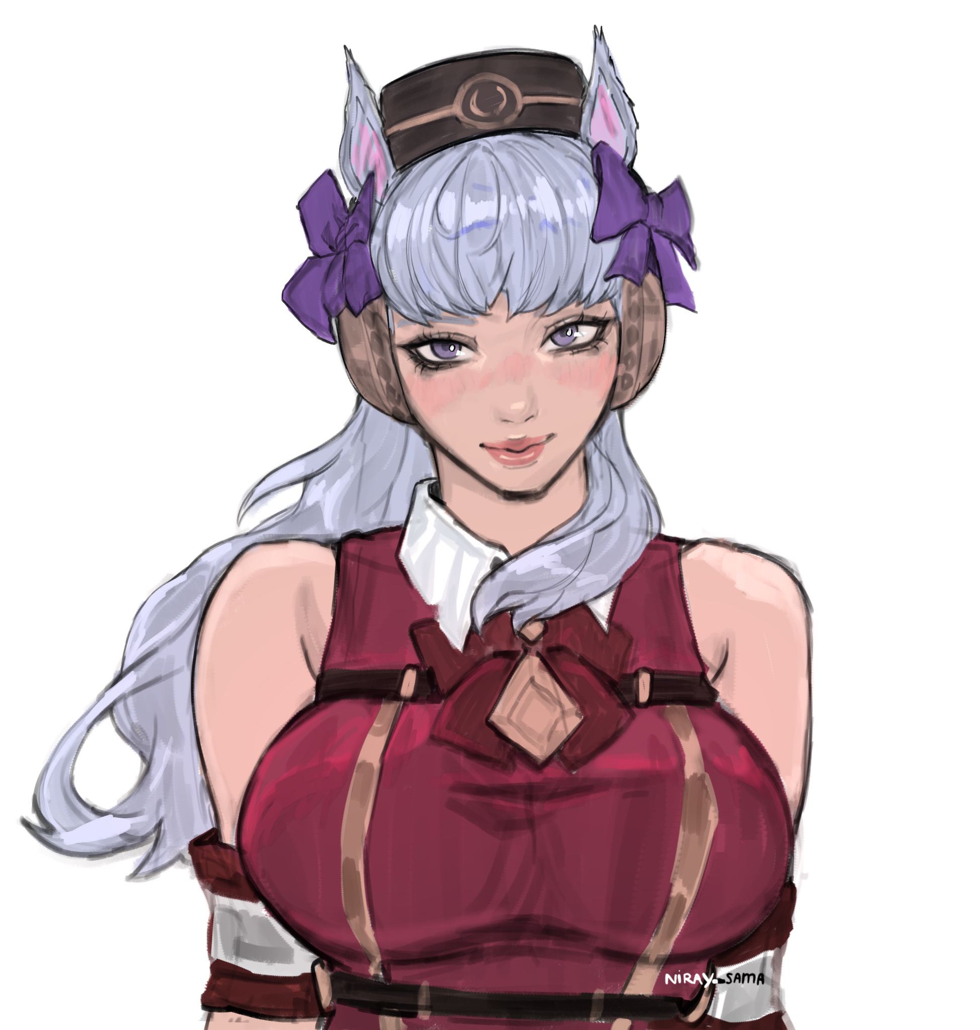 uchihaniray, gold ship (umamusume), umamusume, commentary, english commentary, highres, 1girl, animal ears, armband, bare shoulders, bow, bowtie, breasts, brown hat, closed mouth, dress, gold ship (red strife) (umamusume), grey hair, hair bow, hat, horse ears, horse girl, large breasts, lips, long hair, looking at viewer, pillbox hat, purple bow, purple eyes, red armband, red bow, red bowtie, red dress, simple background, sleeveless, sleeveless dress, smile, solo, upper body, white background